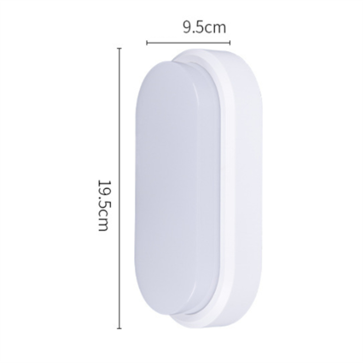 Weiße, ovale LED-Lampe. Maße sind 19,5cm x 9,5cm. Sie ist an einer weißen Wand montiert.
