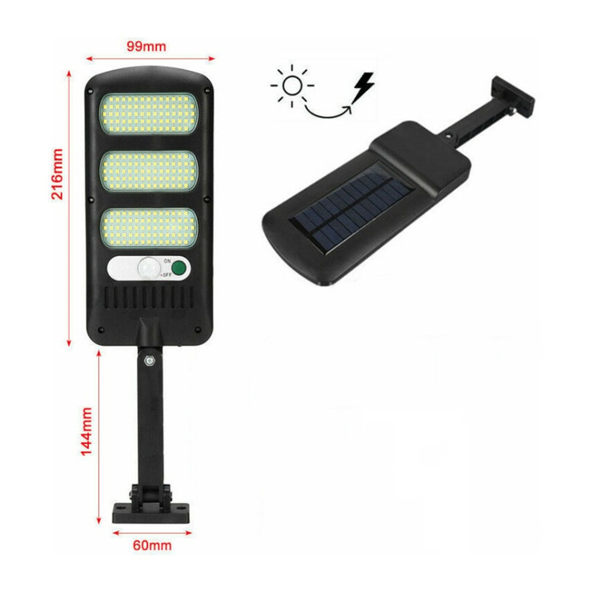 Schwarze Solar-Außenleuchte mit Abmessungen. Sie hat drei Lichtpaneele und einen Ein/Aus-Schalter.