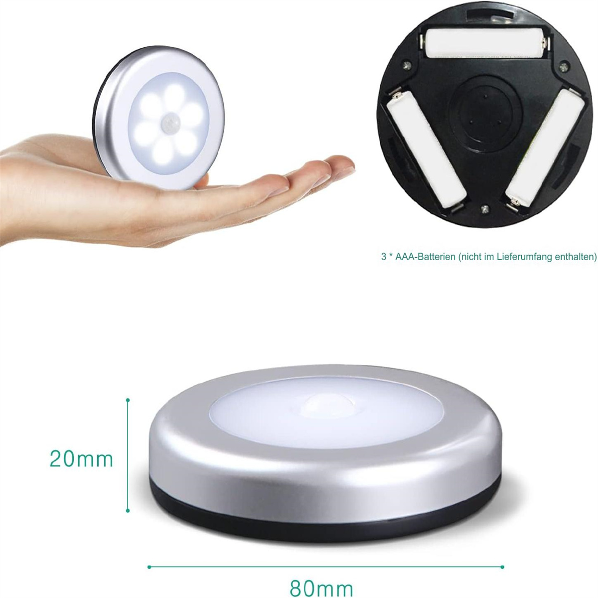 Eine Hand, die ein kleines, rundes, silbernes LED-Licht hält. Das Licht ist weiß.