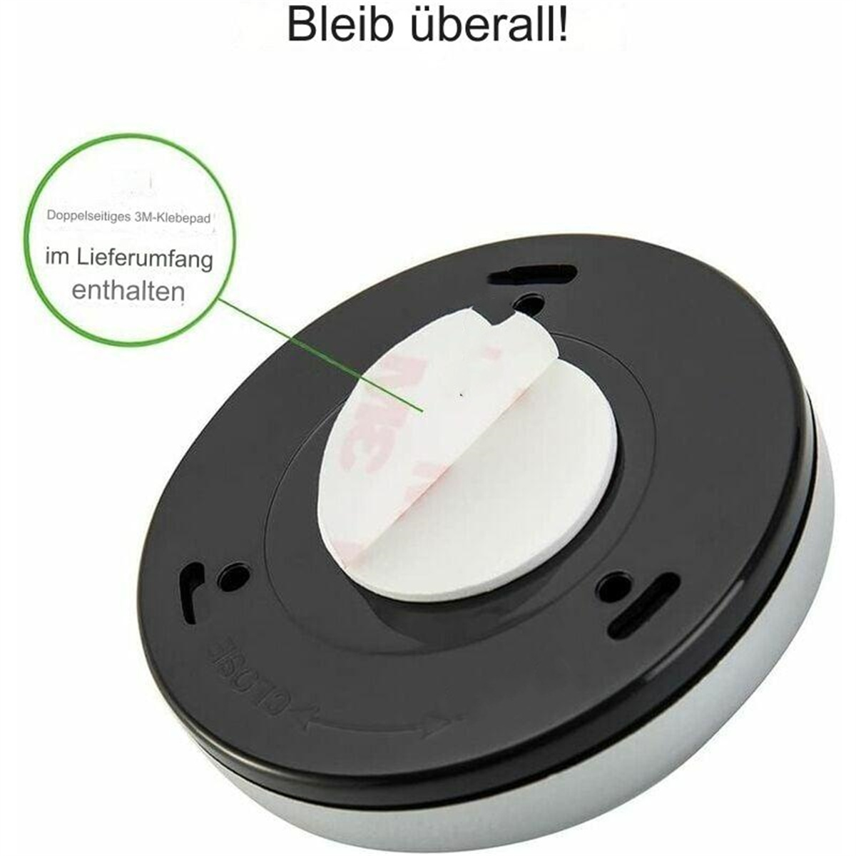 Ein schwarzes rundes Objekt mit doppelseitigem Klebepad zum Kleben.
