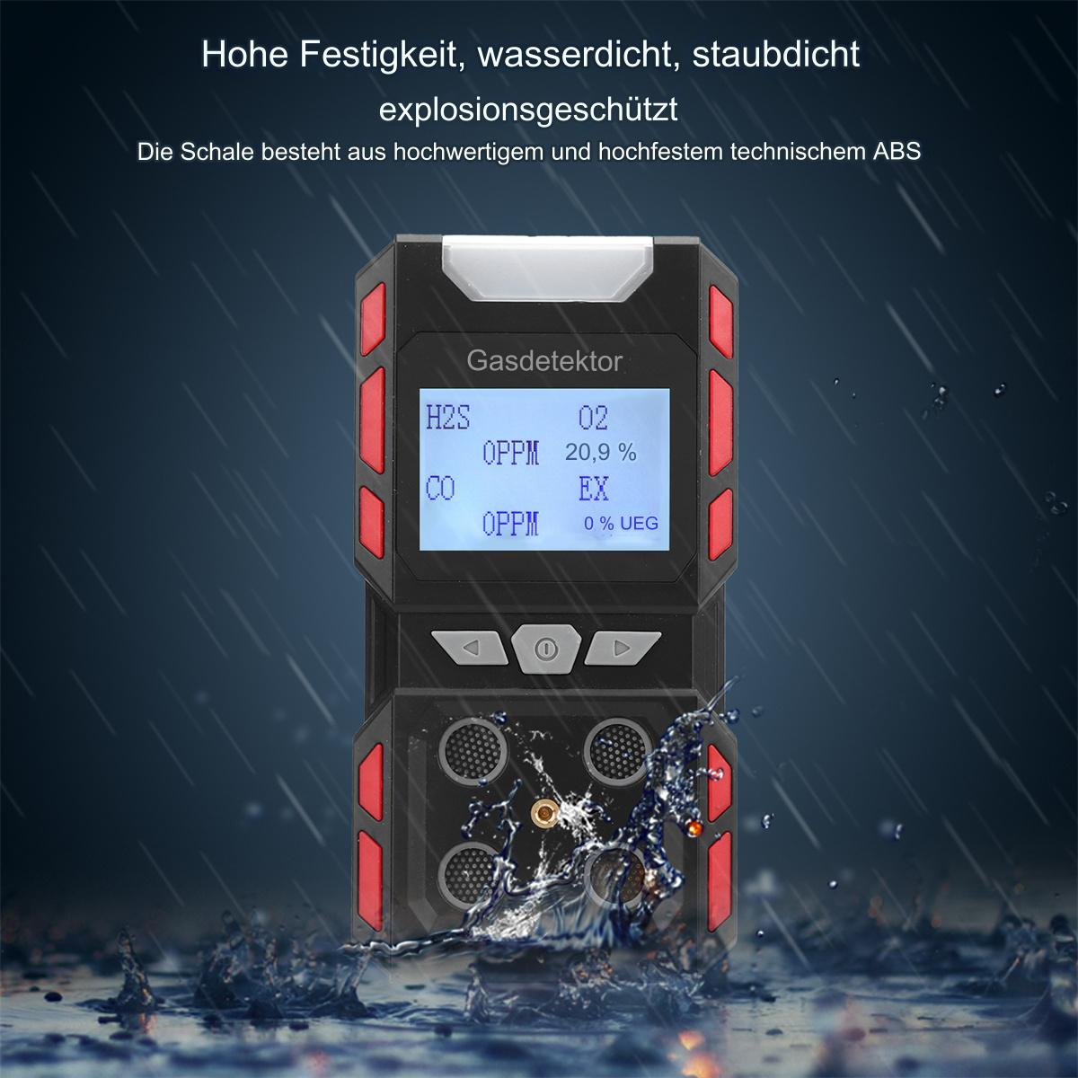 Ein schwarzer Gasdetektor mit einem Bildschirm, der H2S-, CO- und EX-Messwerte anzeigt. Wassertropfen sichtbar.