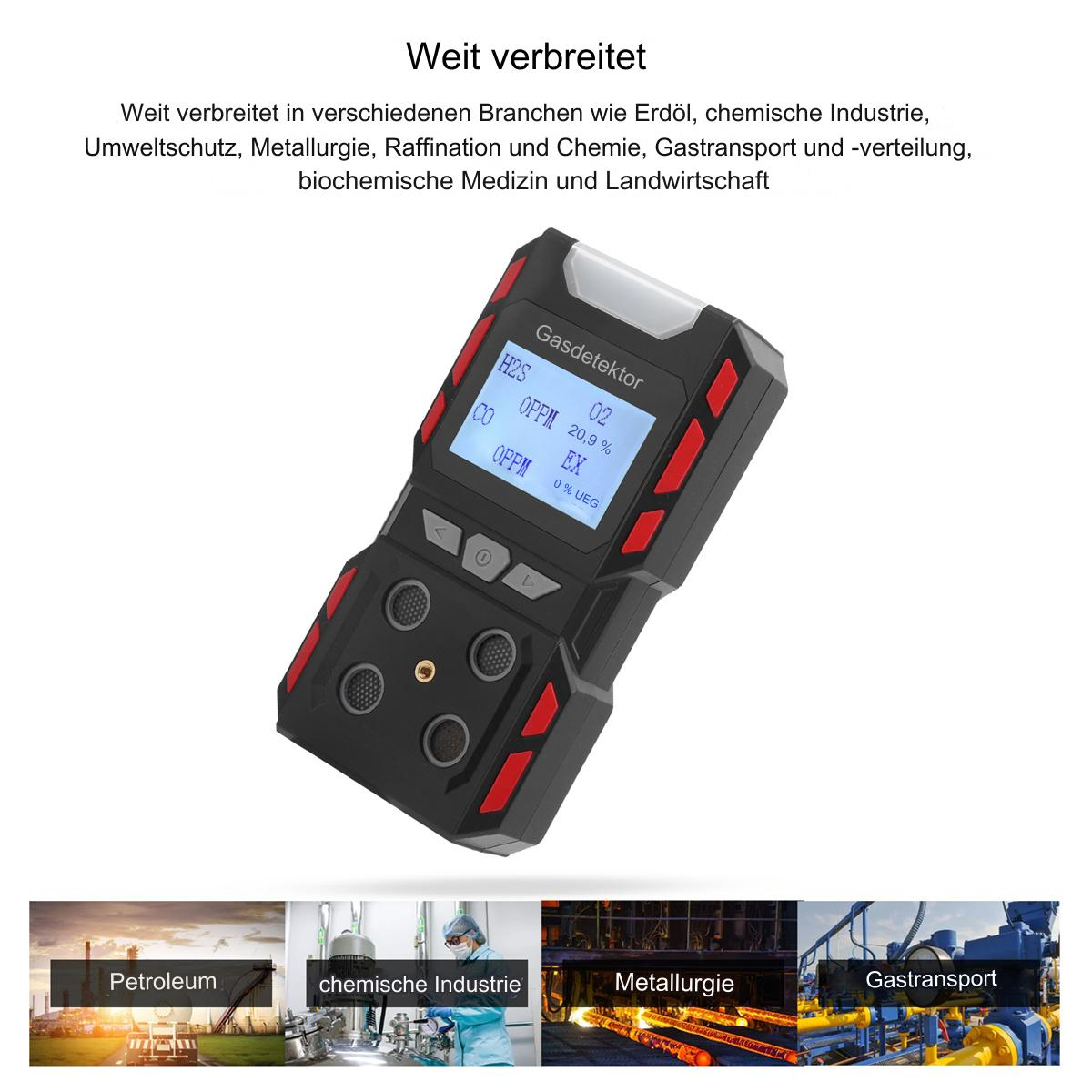Schwarzer und roter Gasdetektor, der Gaswerte und andere Daten anzeigt. Wird für industrielle Anwendungen verwendet.