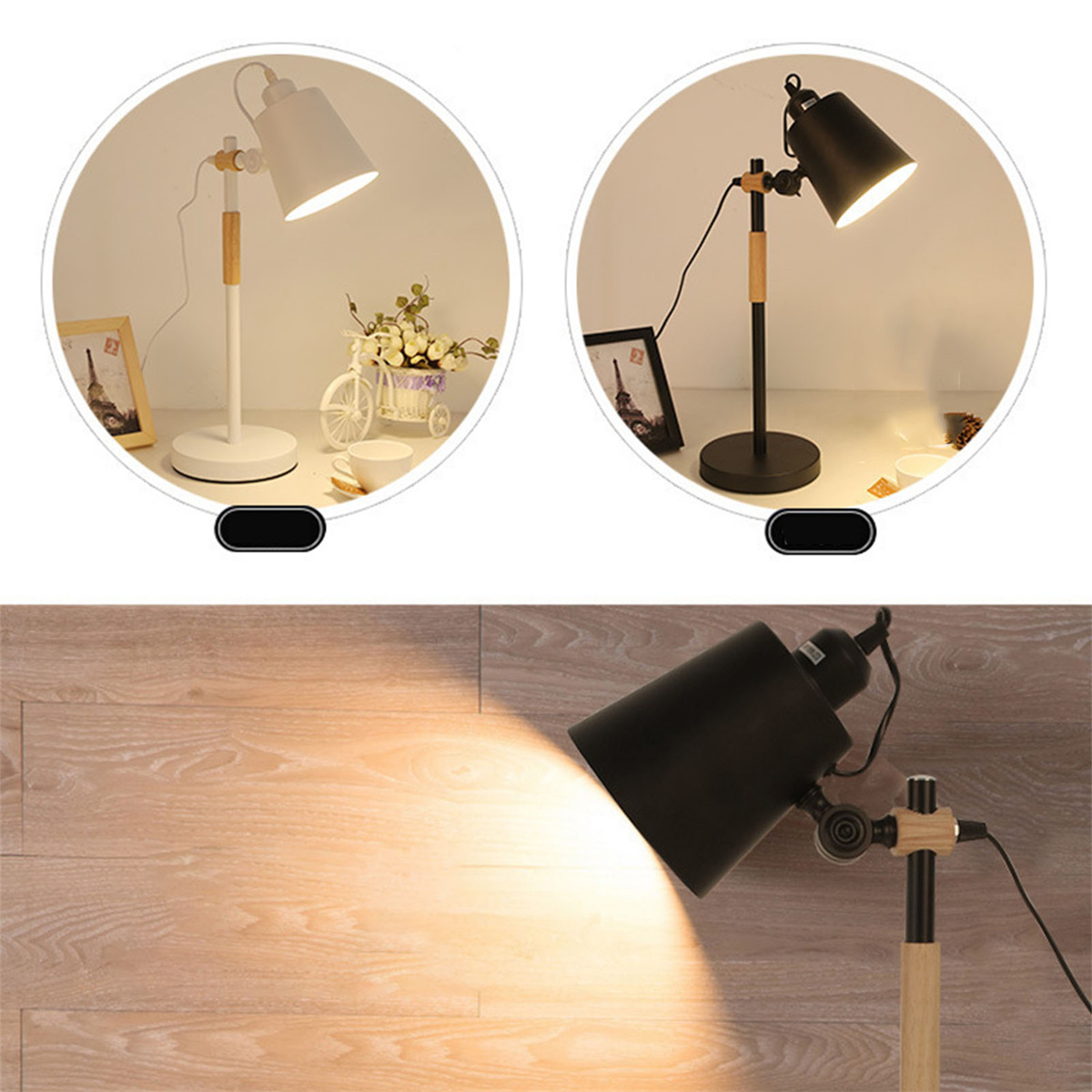 Zwei Lampen mit verstellbaren Schirmen. Eine weiß, eine schwarz. Beide haben Holzakzente.