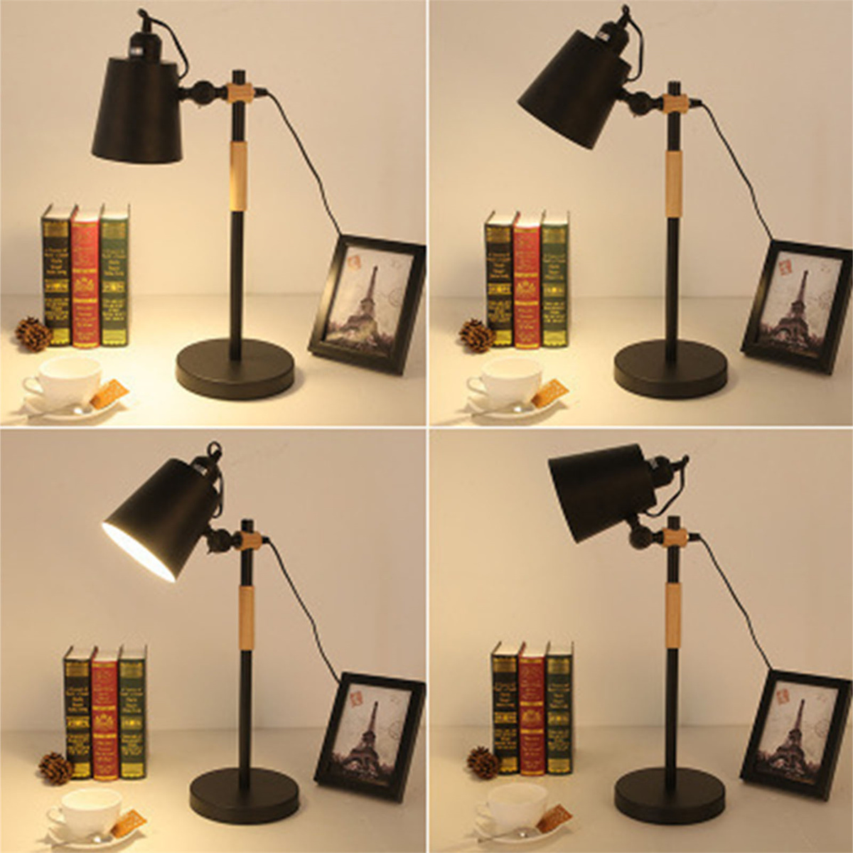 Set schwarzer Schreibtischlampen mit Holzakzenten, Büchern, Bilderrahmen und Tasse.