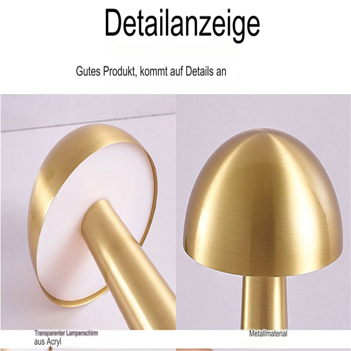 Zwei goldene Lampen, eine Vorderansicht, eine Seite. Beide haben einen weißen Lampenschirm.