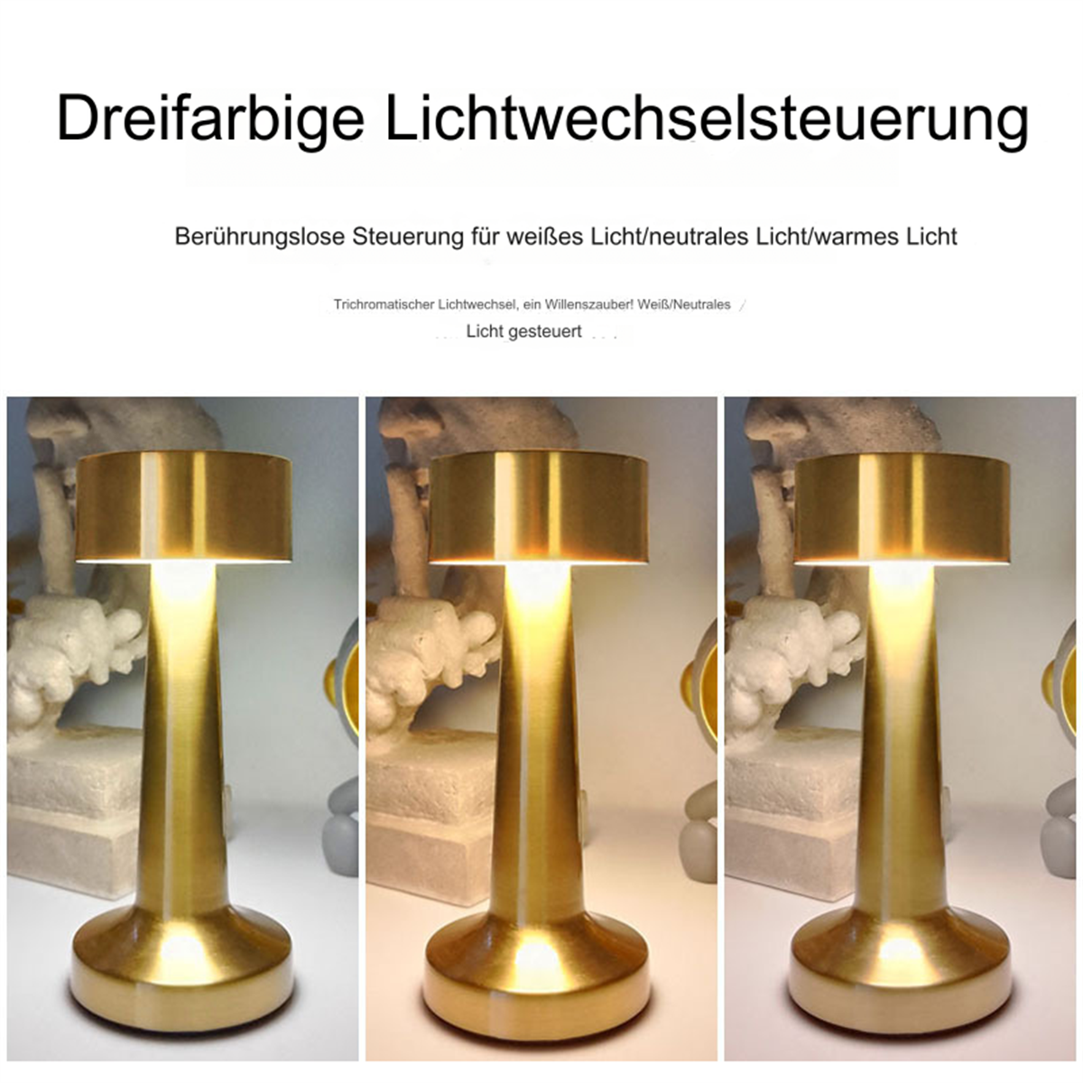 Drei goldfarbene Lampen mit unterschiedlichen Lichteinstellungen auf weißer Oberfläche. Die Lampen haben einen Goldschirm.