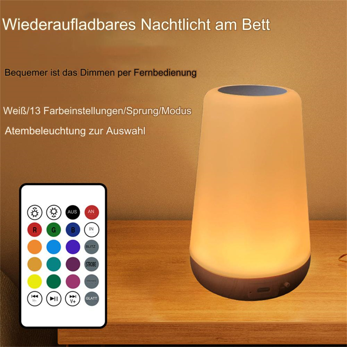Weiße Nachttischlampe mit Farboptionen, gesteuert über eine Fernbedienung. Die Lampe leuchtet orange.