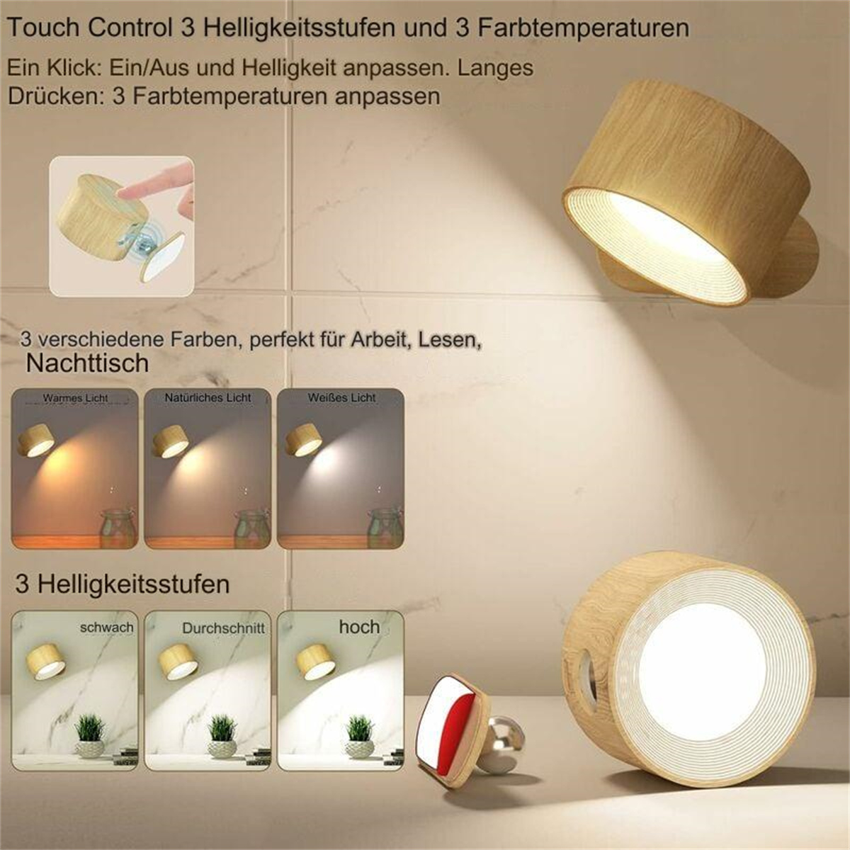 Holzlampe mit Touch-Steuerung, die Lichtfarbe und Helligkeitsoptionen zeigt. Weißer Hintergrund.