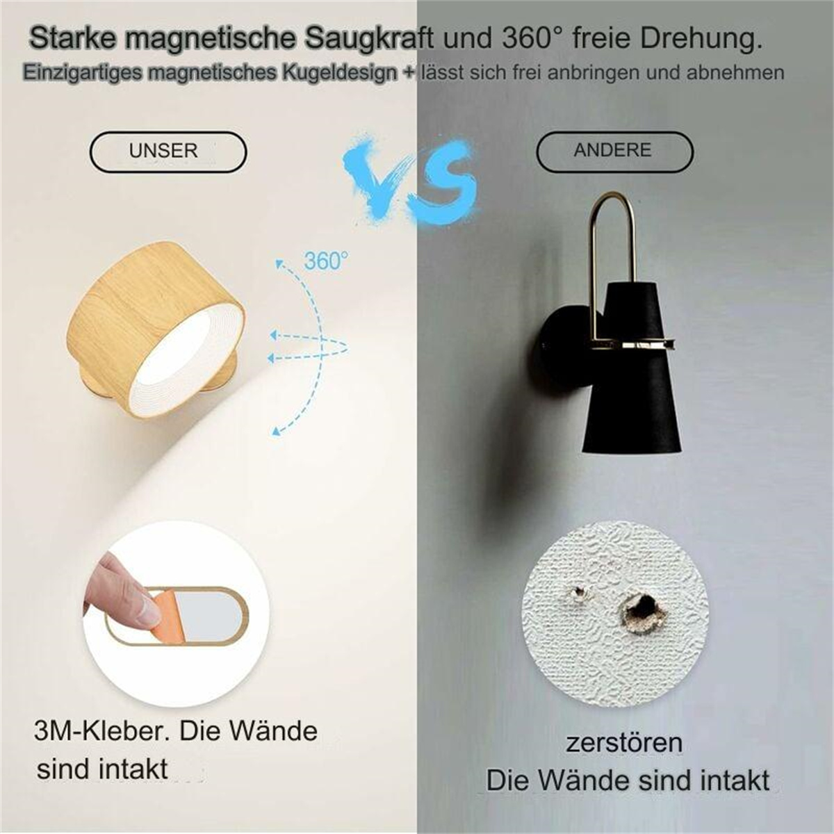 Zwei Leuchten, eine mit 3M-Klebstoff und die andere mit Wandschäden.
