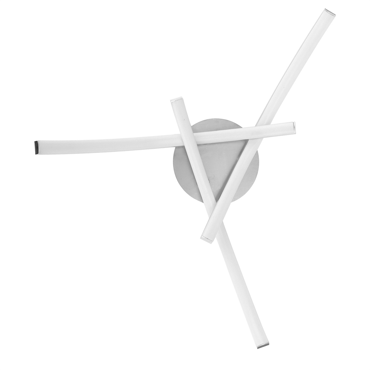 Eine moderne LED-Deckenleuchte mit drei weißen, linearen Lichtelementen, die kreuzweise angeordnet sind.