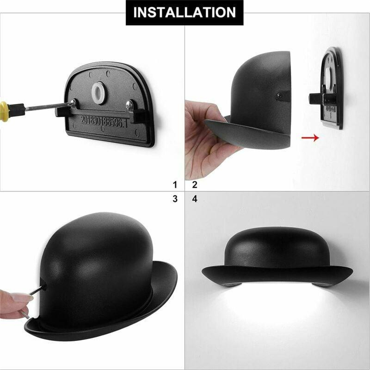 Installationsanleitung: Schwarzes, wandmontiertes Regal, Schraubendreher und Schritte 1-4.