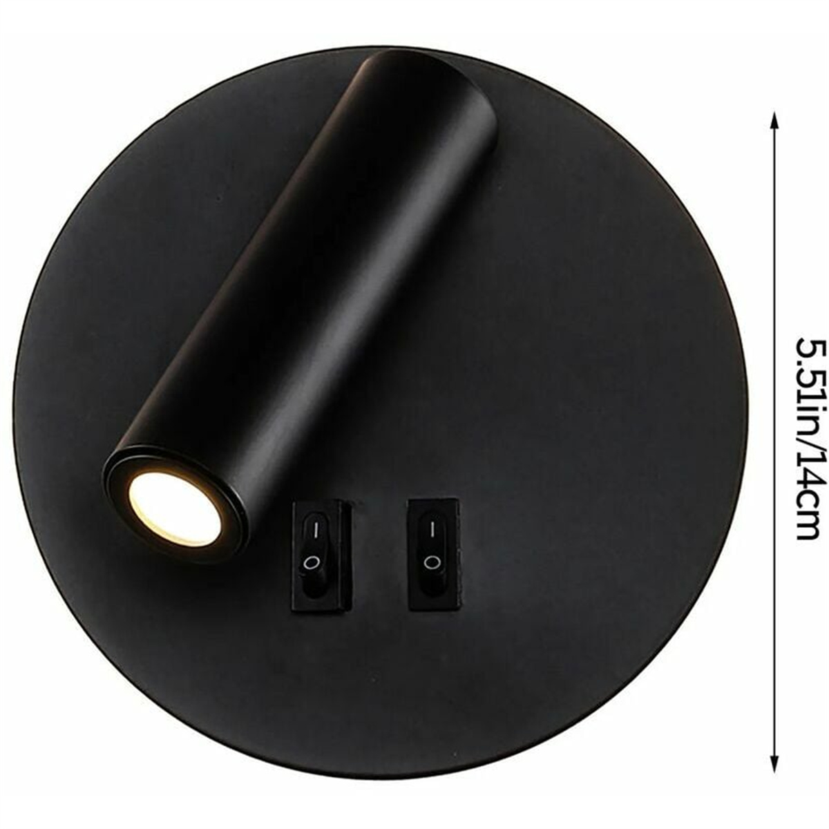 Schwarze kreisförmige Wandleuchte mit einstellbarem Licht und zwei Schaltern.