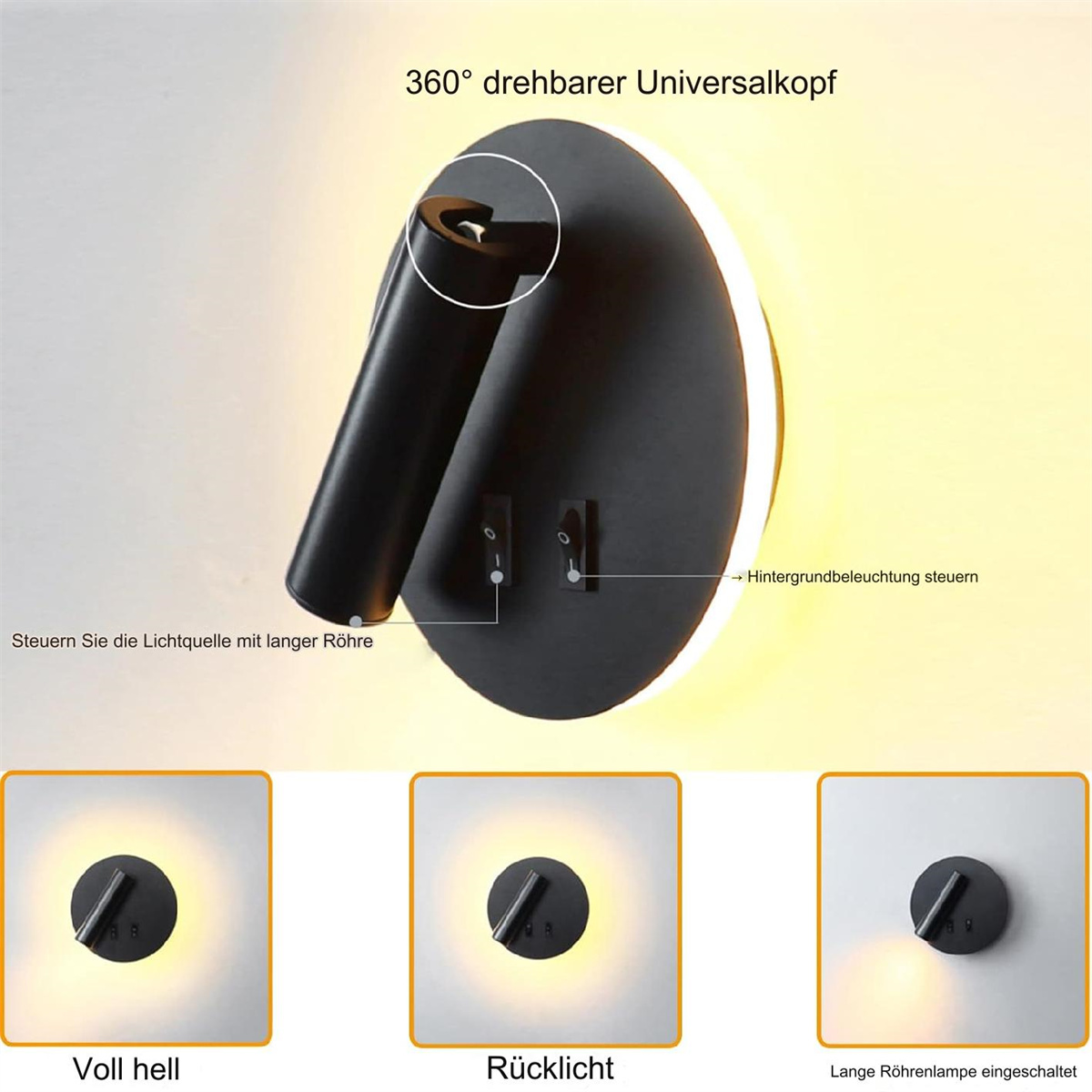 Eine schwarze Wandleuchte mit einem Scheinwerfer und einem kleinen Licht.