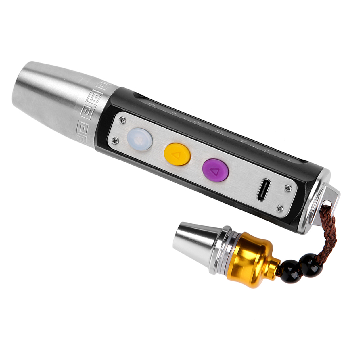 Ein zylindrischer schwarzer und silberner Vape Pen mit drei Knöpfen. Eine separate Goldspitze ist an einem Kabel befestigt.