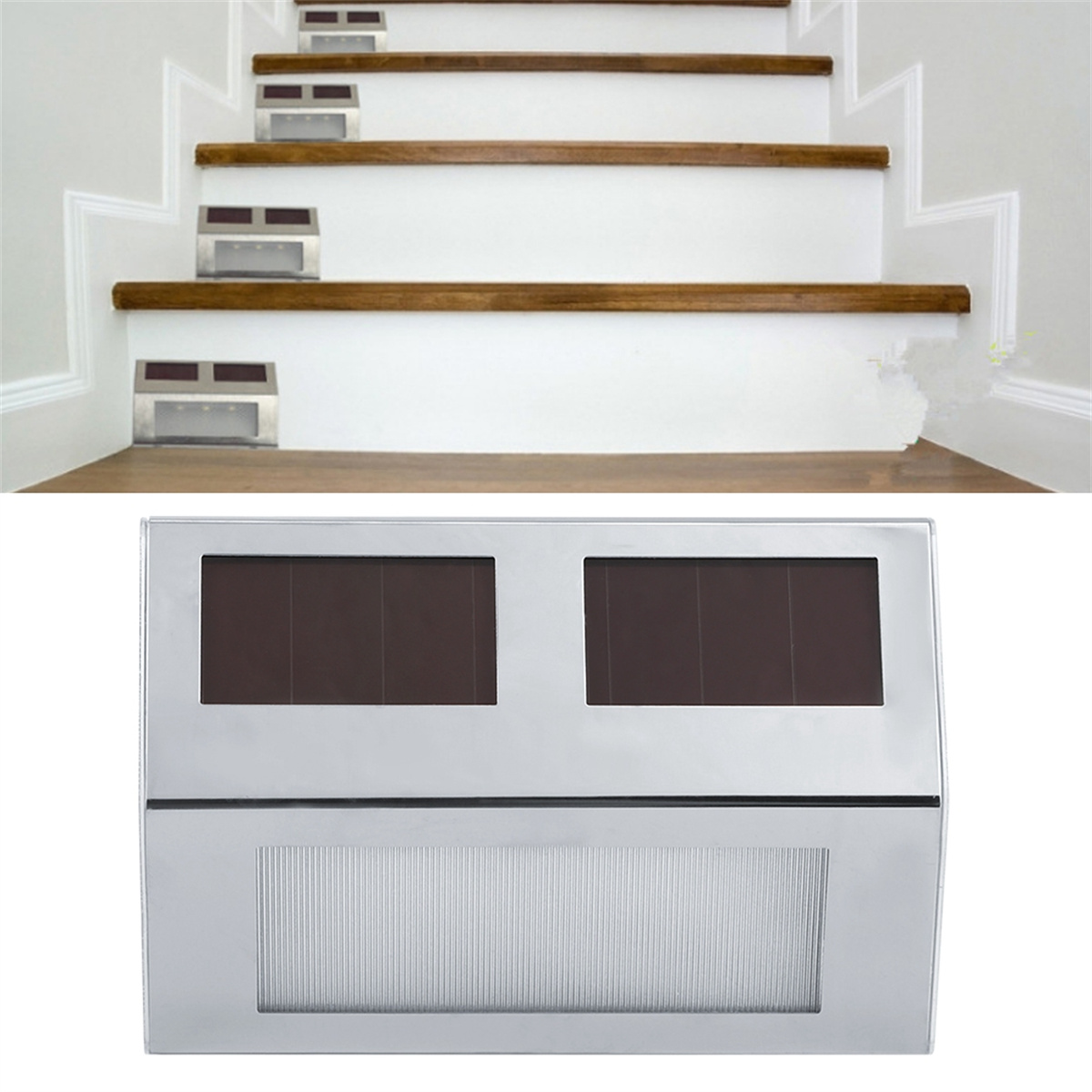 Treppe mit solarbetriebenen Lichtern. Holztreppe mit weißem Zierrat und eingebauten Lichtern auf jeder Stufe.