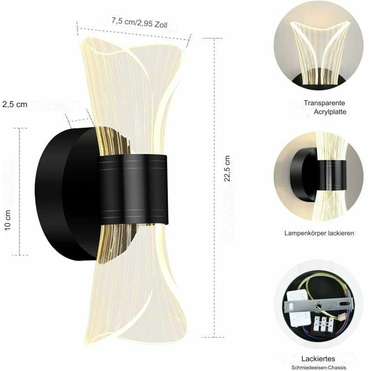 Wandleuchte mit schwarzem Sockel und transparentem Design. Abmessungen werden gezeigt. Weißer Hintergrund.