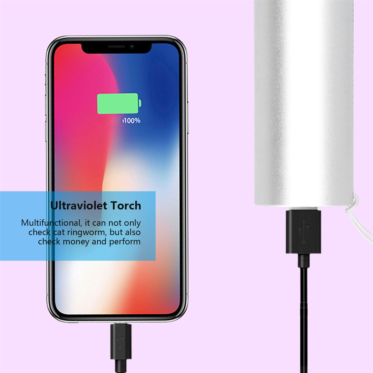 Ein Telefon, das über ein USB-Kabel geladen wird, mit einer UV-Taschenlampe.