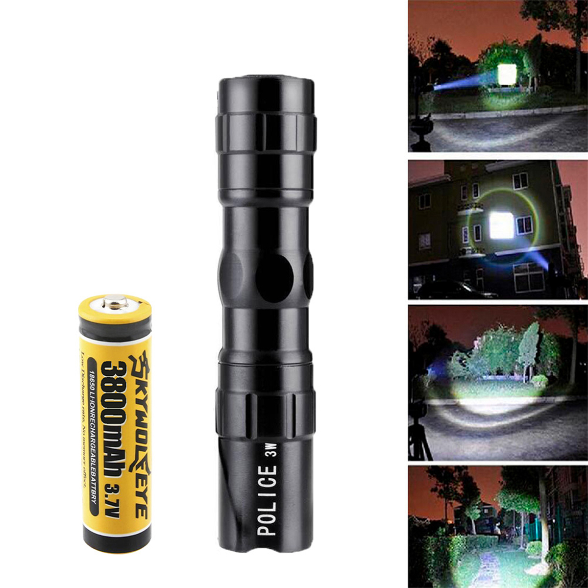 Schwarze Taschenlampe mit Batterie und Zubehör.