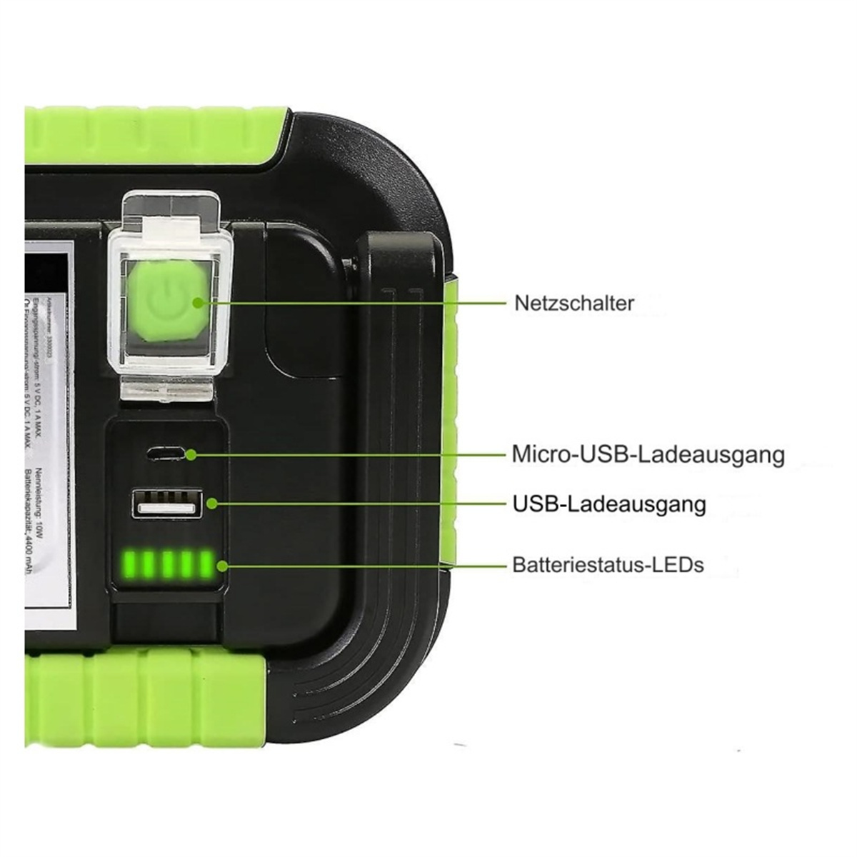 Eine schwarze und grüne tragbare Powerbank mit beschrifteten Anschlüssen und Kontrollleuchten.