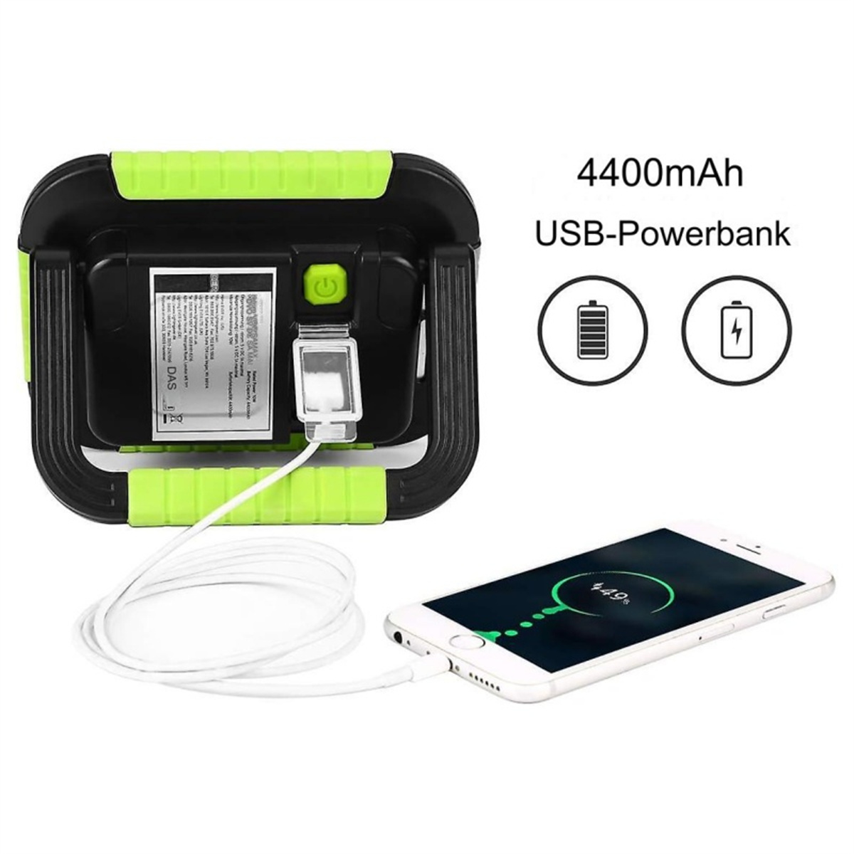 Eine grüne und schwarze Powerbank lädt ein Telefon auf. Text zeigt 4400mAh USB-Powerbank.