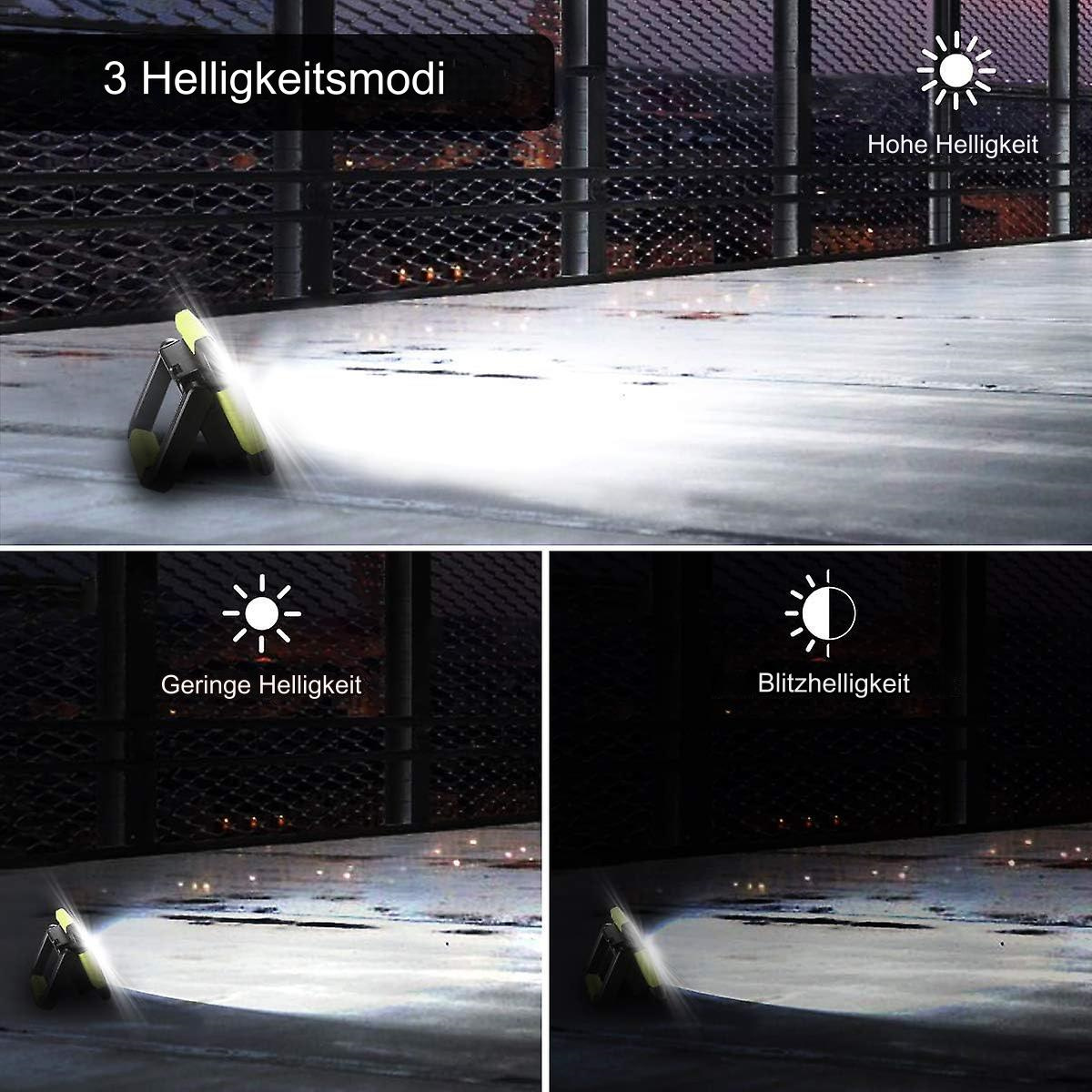 Bilder, die eine Arbeitsleuchte mit drei Helligkeitsmodi zeigen: hoch, niedrig und Stroboskop.