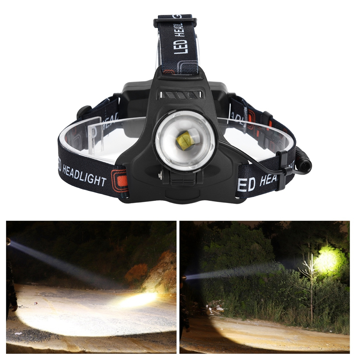 Eine schwarze Stirnlampe mit weißem Licht und zwei zusätzlichen Lichtstrahlen.