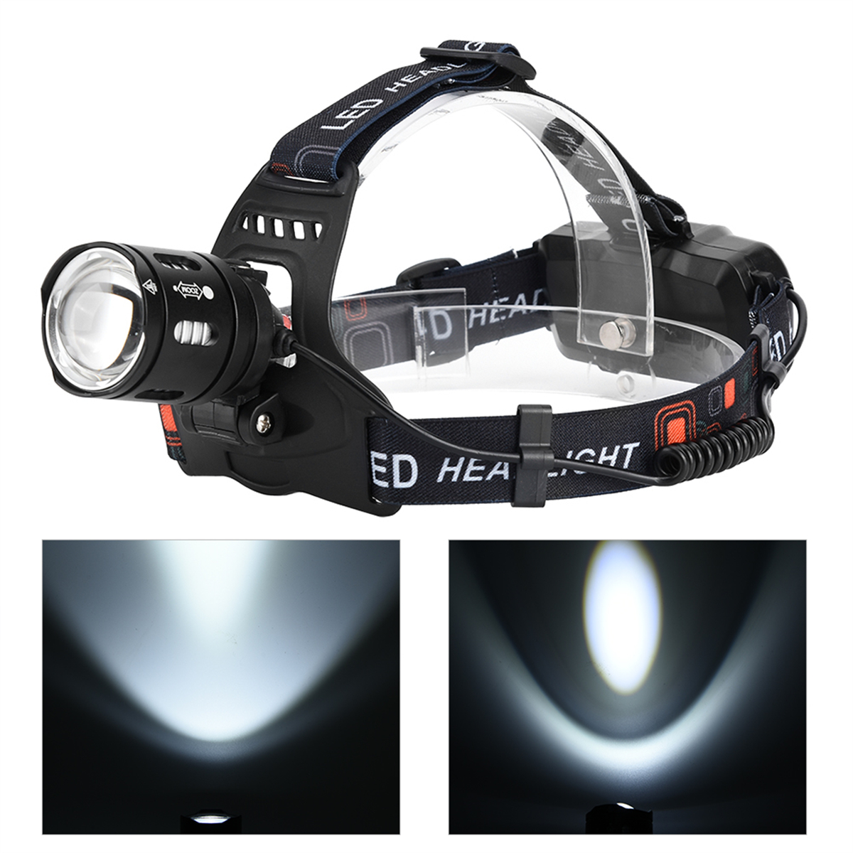 Stirnlampe mit zwei Lichtstrahlanzeigen. Der Strahl ist weiß. Schwarzer und roter Riemen.