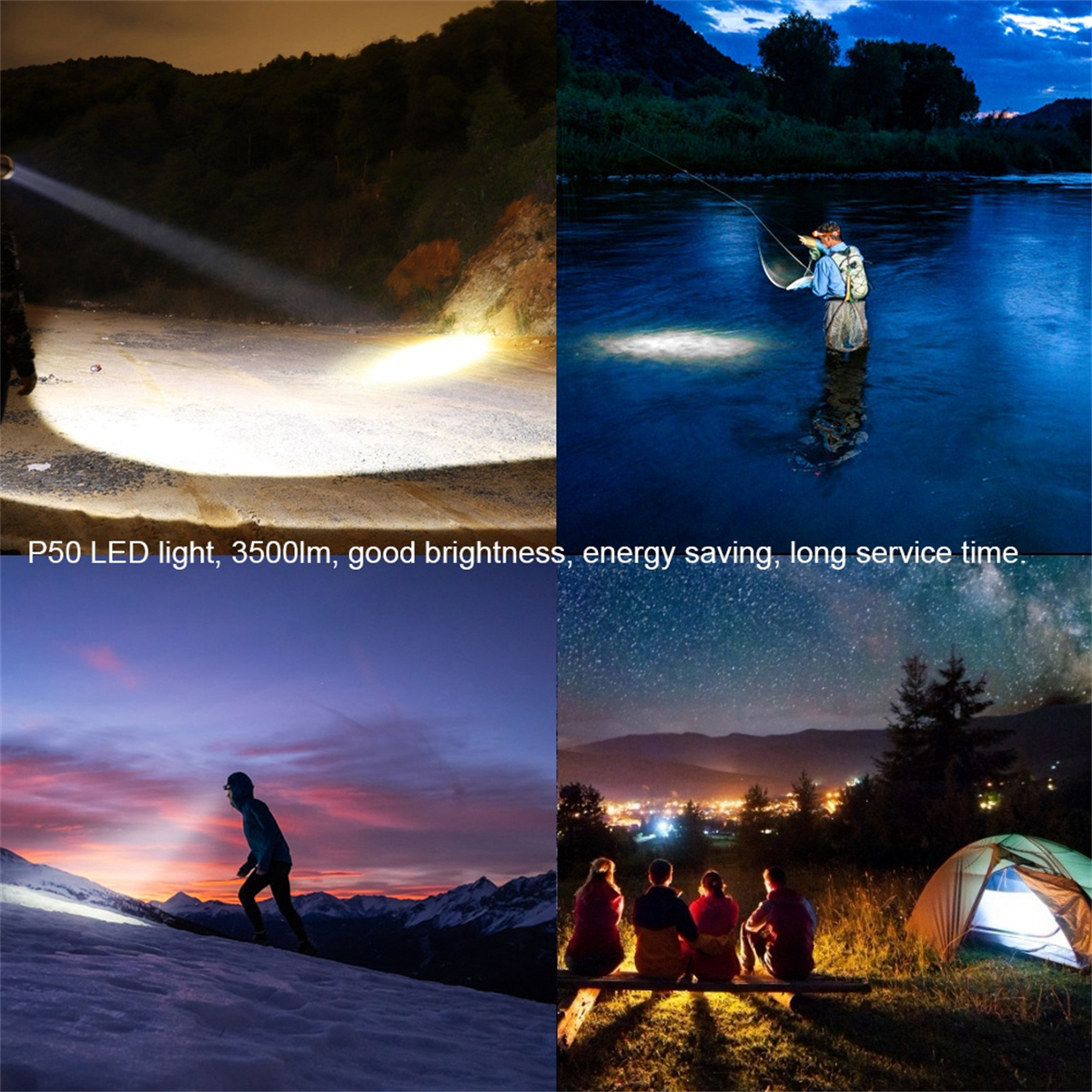 Vier Bilder, die verschiedene Verwendungen eines hellen LED-Lichts zeigen: Nacht, Angeln, Laufen und Camping.