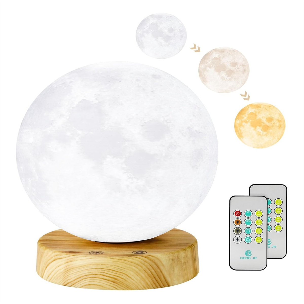 Mondförmige Lampe auf Holzsockel, mit zwei Fernbedienungen und Mondphasen.