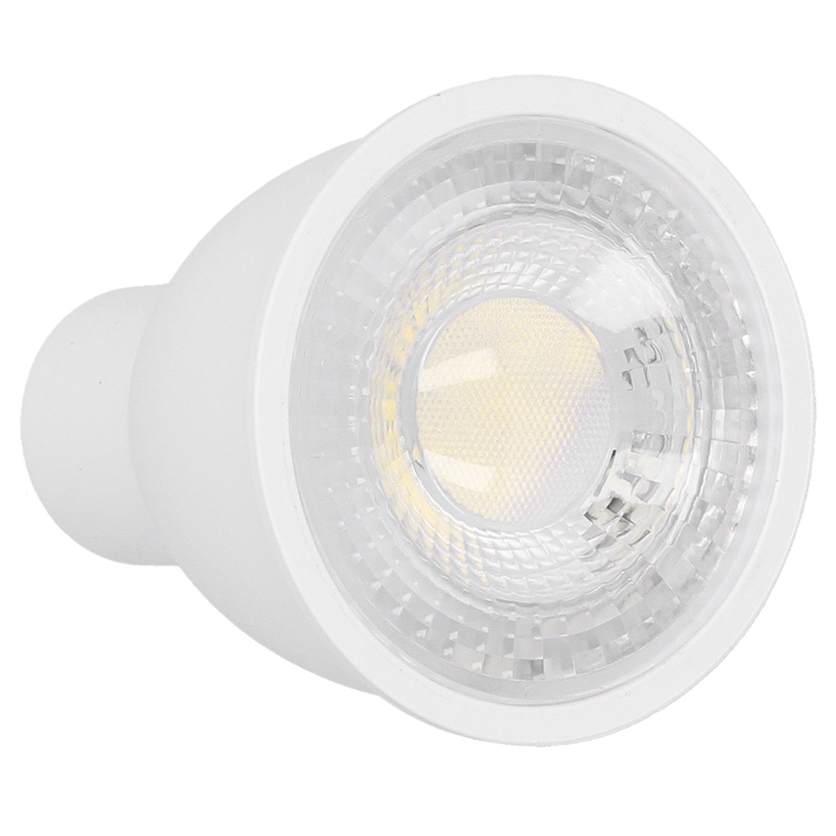Ein weißes LED-Strahler-Leuchtmittel mit klarer Linse und silbernem Innenraum.