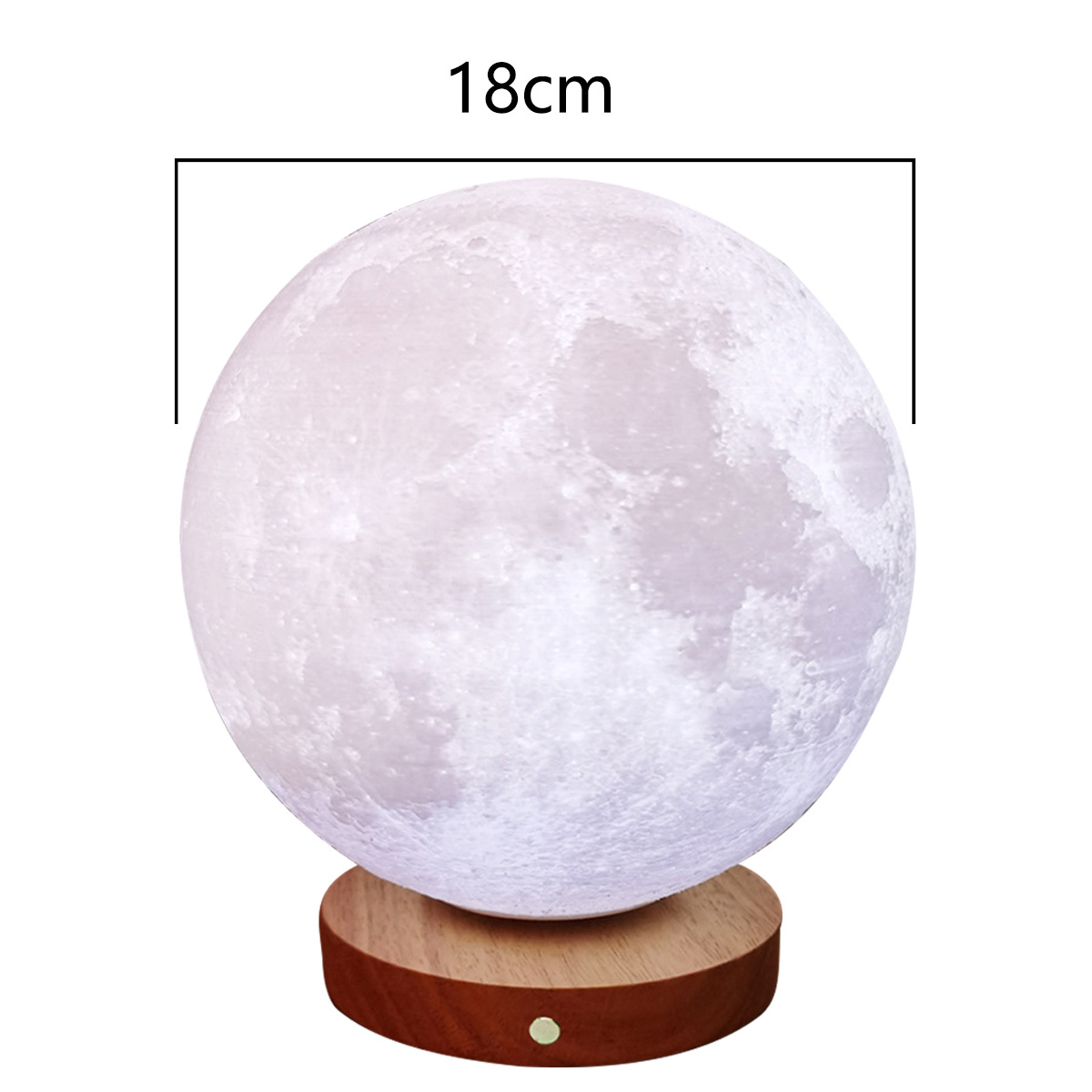 Eine weiße mondförmige Lampe auf einem Holzsockel mit einer 18 cm Messanzeige.