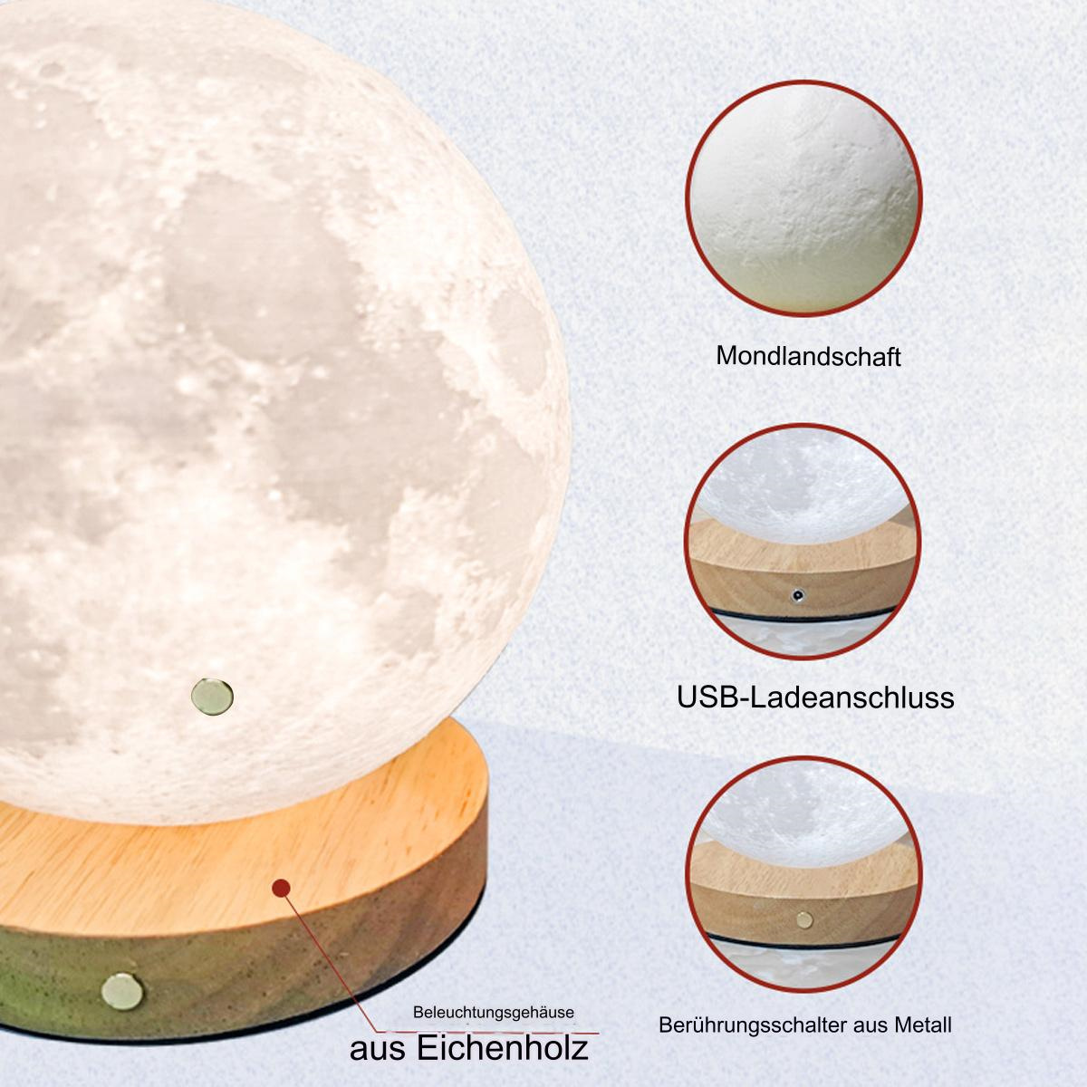 Mondförmige Lampe mit Holzsockel, zeigt Mondoberfläche, USB-Anschluss und Touch-Schalter Details.