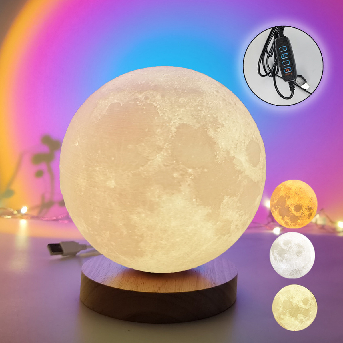 Eine mondförmige Lampe auf einem Holzsockel mit Bedienelementen und drei zusätzlichen Mondfarbmustern.