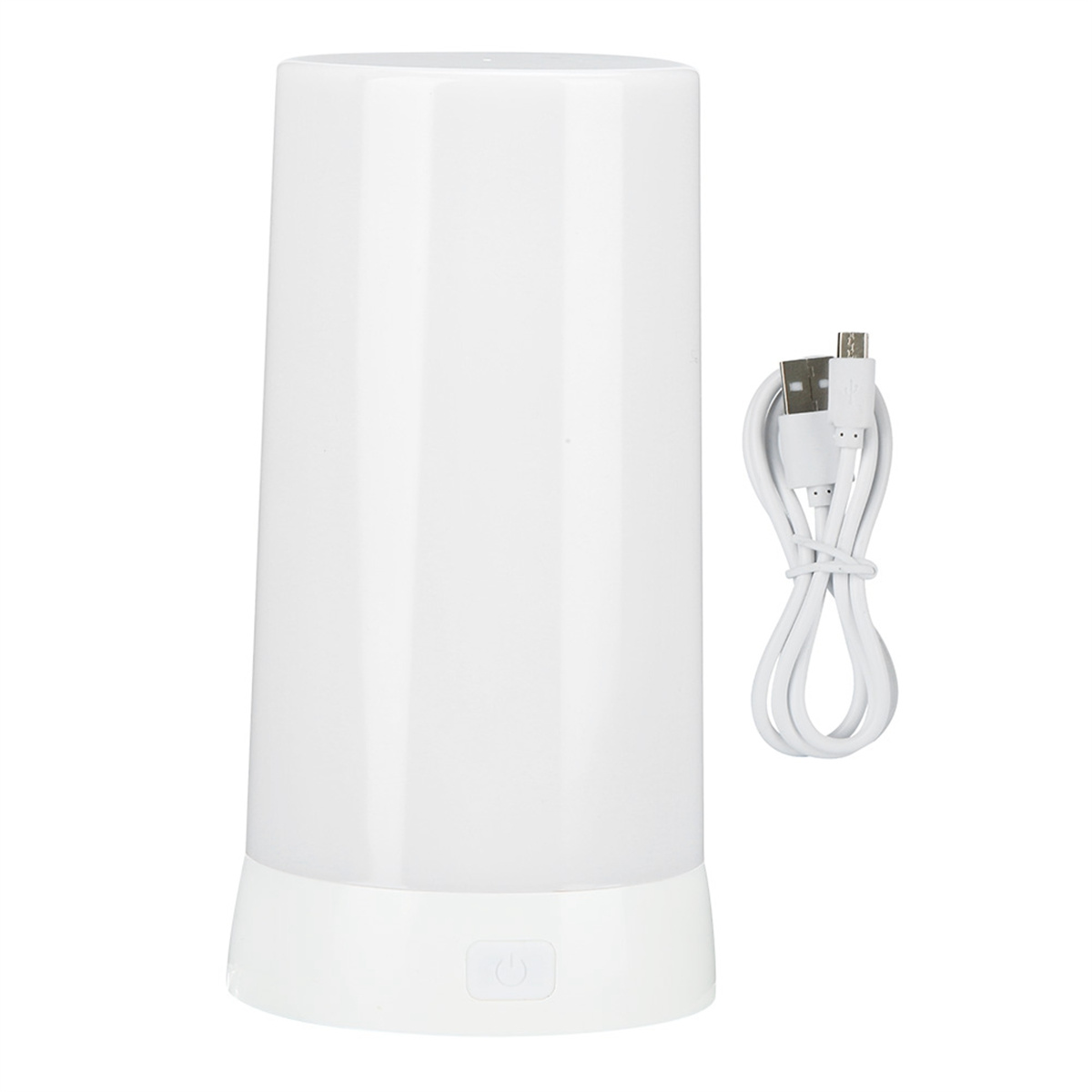 Zylindrische weiße Lampe mit Knopf am Sockel, neben einem Ladekabel.