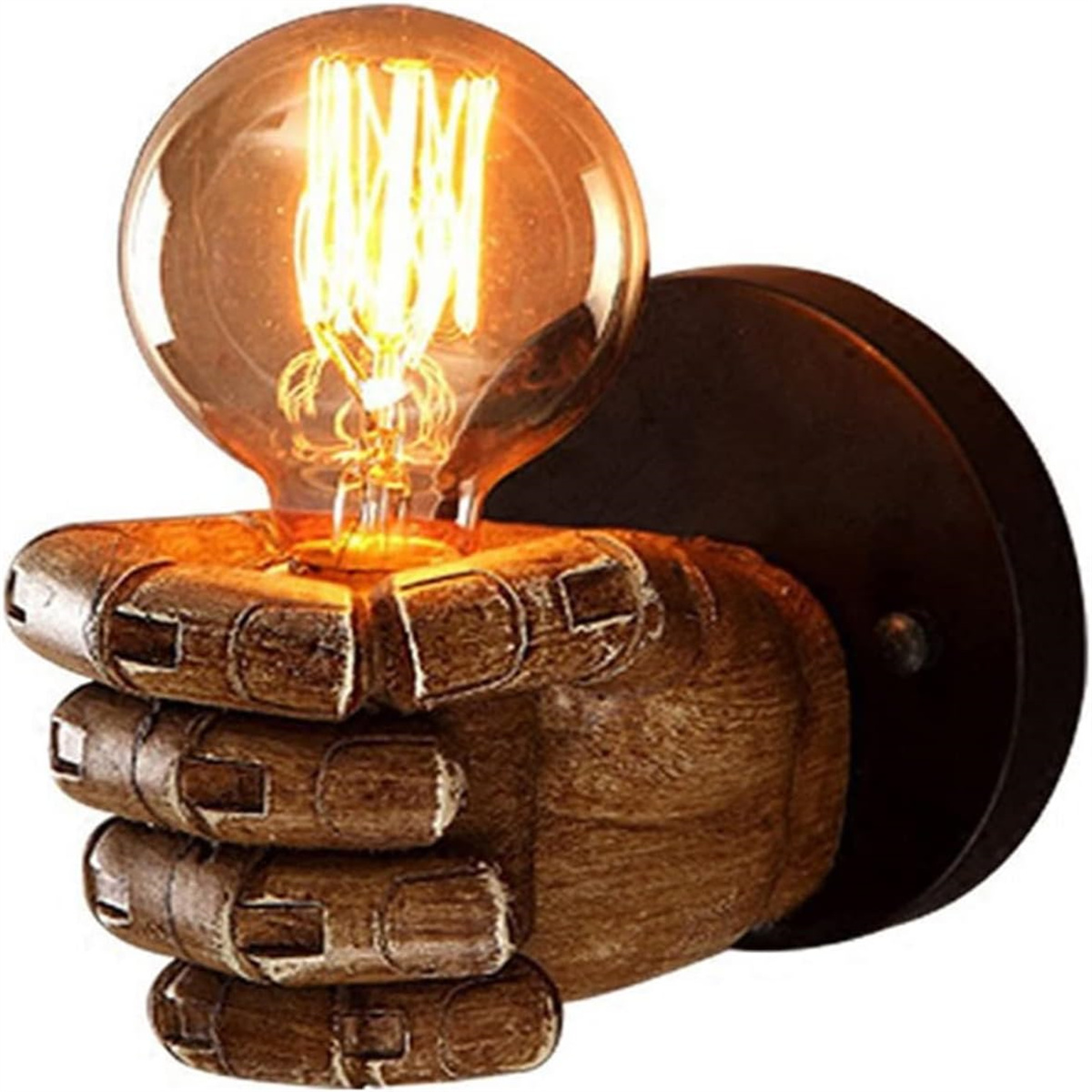 Handförmiger Lampenhalter mit Edison-Glühbirne. Die Glühbirne leuchtet. Schwarze Basis.