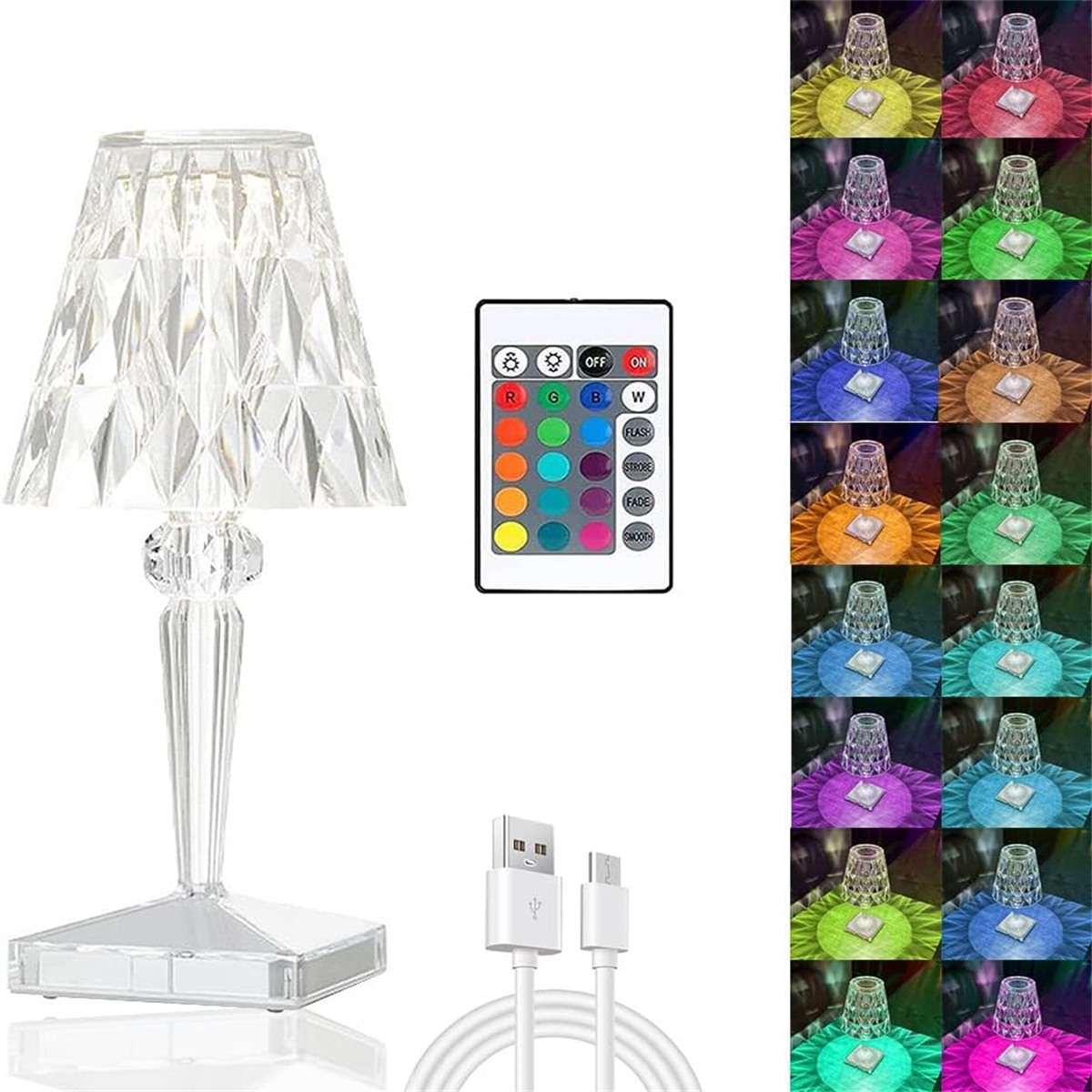 Kristall-Tischlampe mit Lampenschirm und Fernbedienung. Eine Anzeige mit bunten Lichtern.