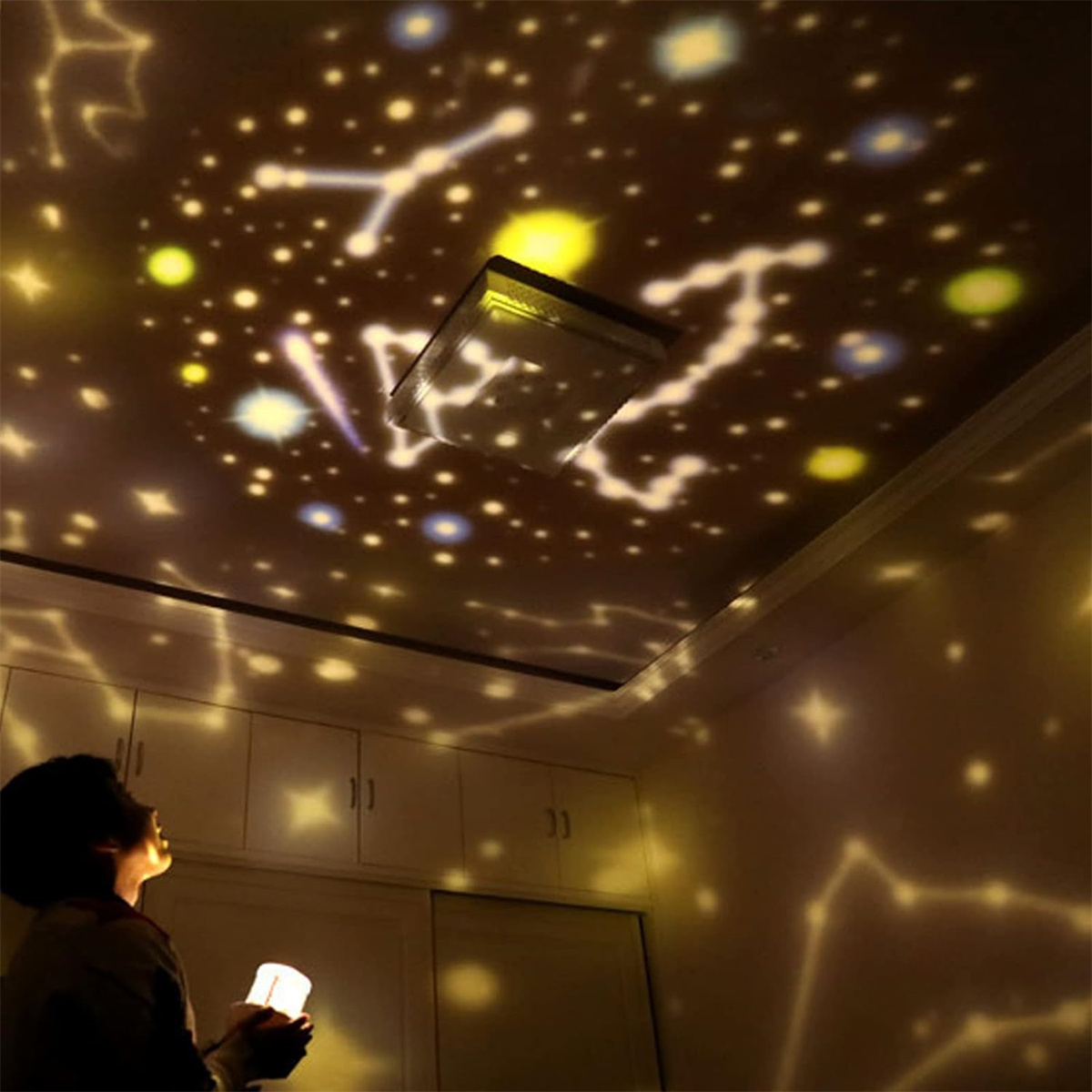 Ein Projektor, der Sterne an die Decke projiziert, mit einer Person, die nach oben schaut und ein Licht hält.