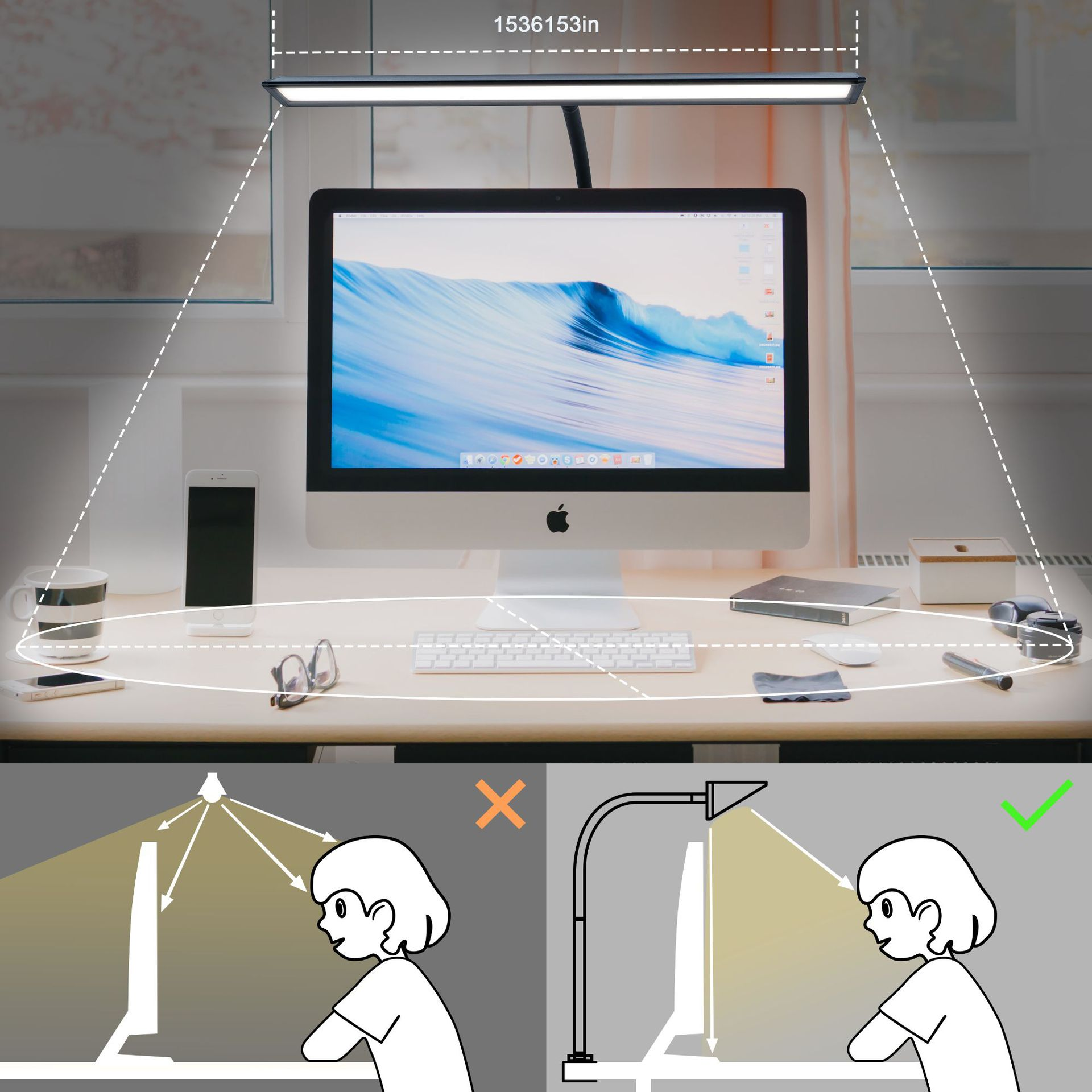 Bureau-opstelling met monitor, lamp en accessoires. Verlichtingsdiagram toont de richting.