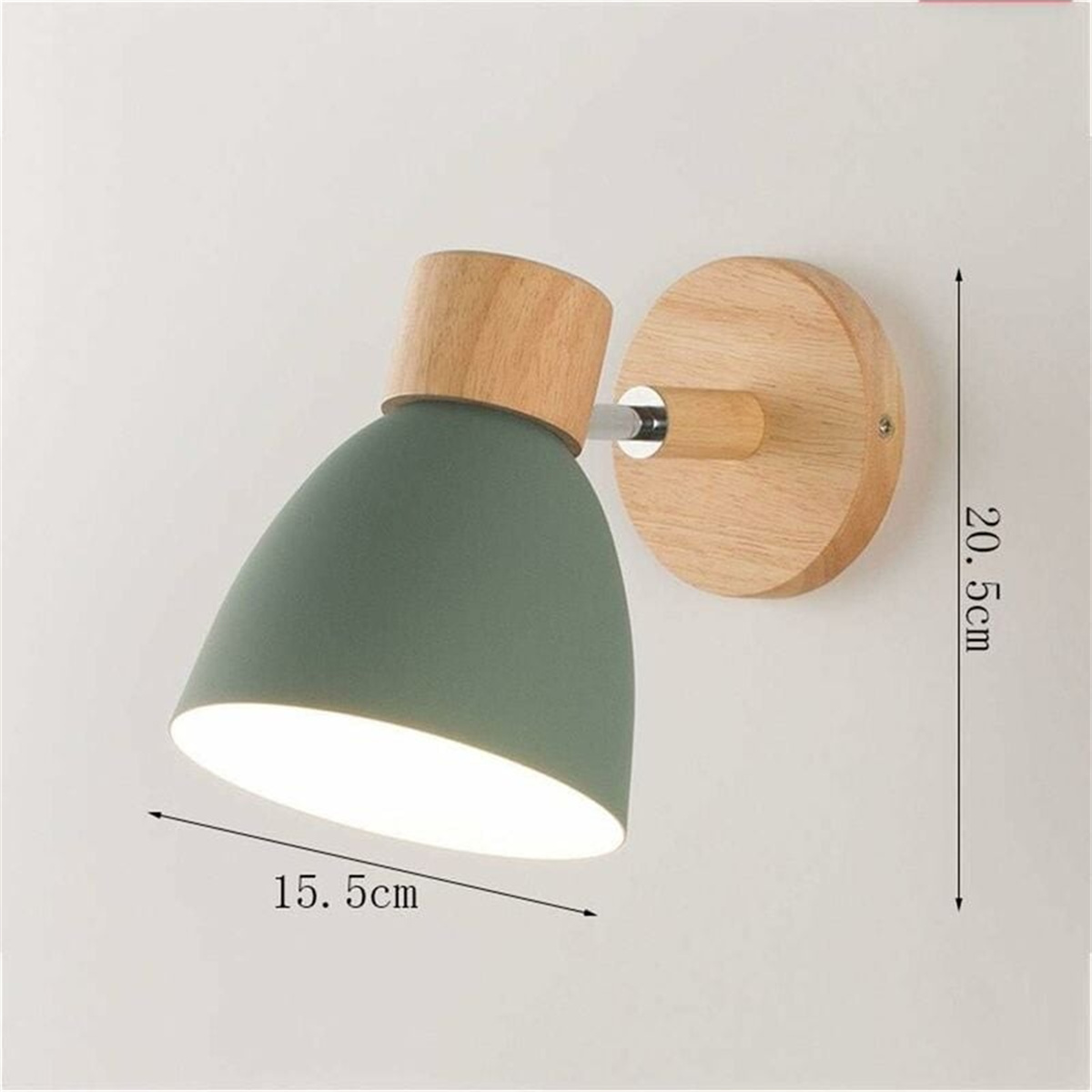 Grüne und Holz Wandlampe mit Abmessungen in Zentimetern.