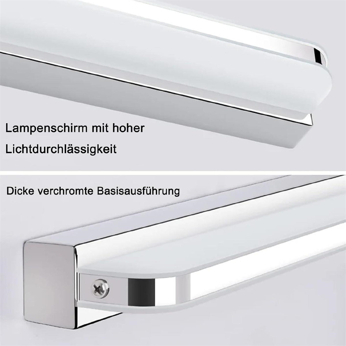 Nahaufnahme einer weißen und verchromten Leuchte, die ihre Designelemente und Text zeigt.