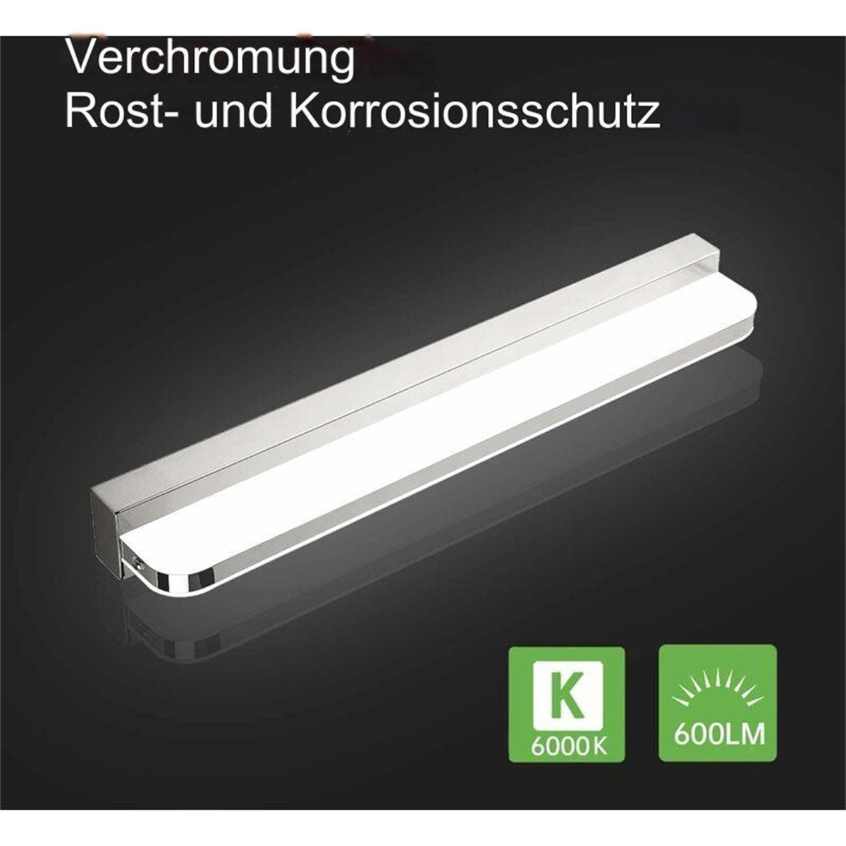 Silbernes LED-Leuchtband mit deutschem Text. Schwarzer Hintergrund mit grünen und weißen Symbolen.
