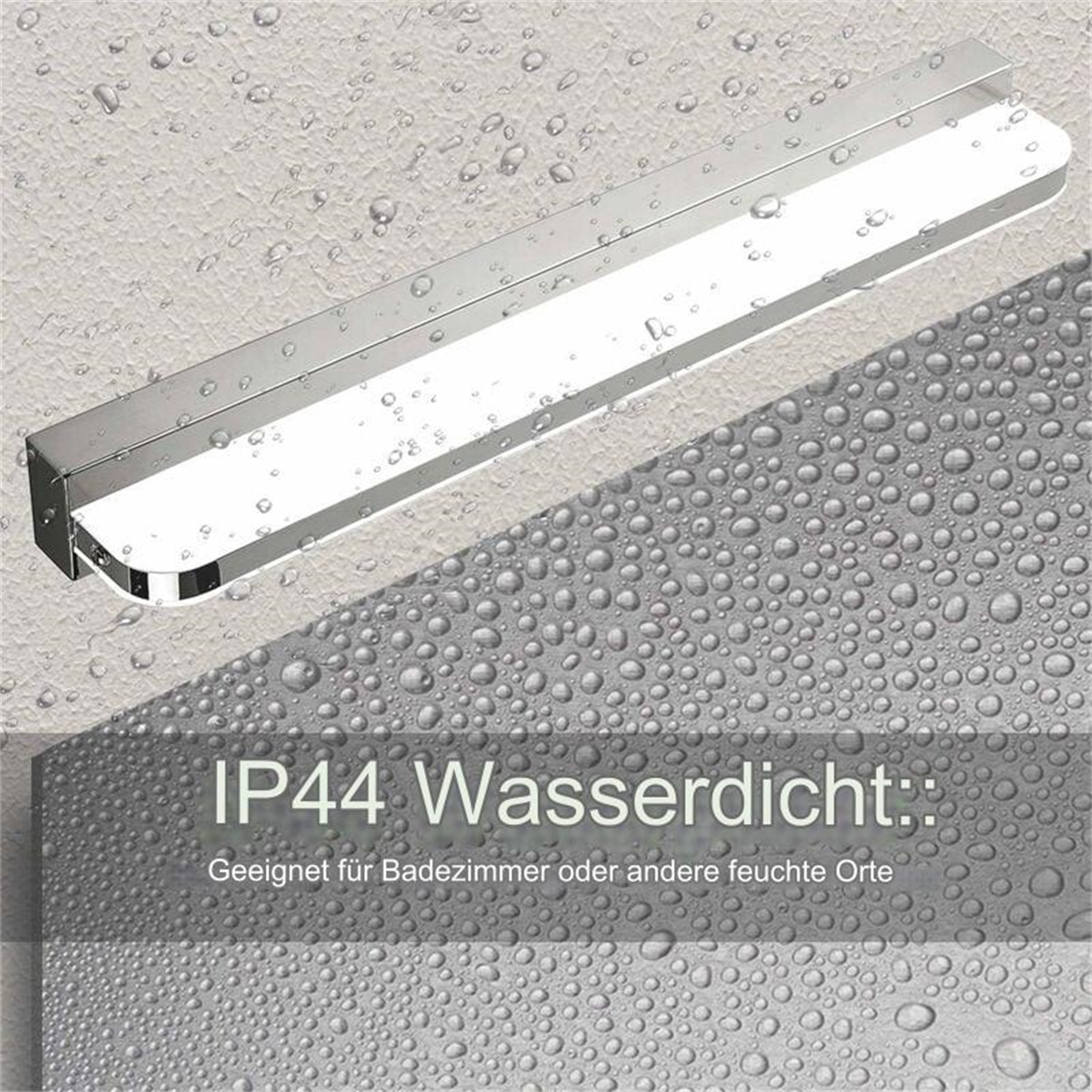 Eine silberne LED-Lichtleiste an einer nassen, strukturierten Wand mit Wassertropfen installiert.