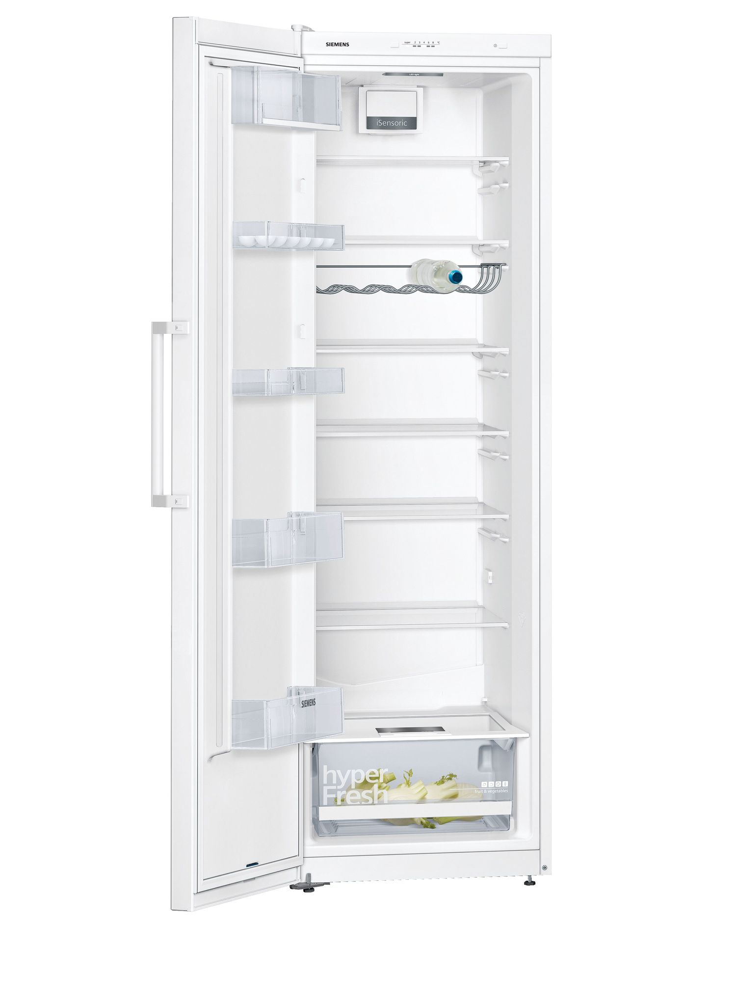 Ein weißer, geöffneter Kühlschrank mit Regalen und Fächern, mit einer HyperFresh-Schublade.