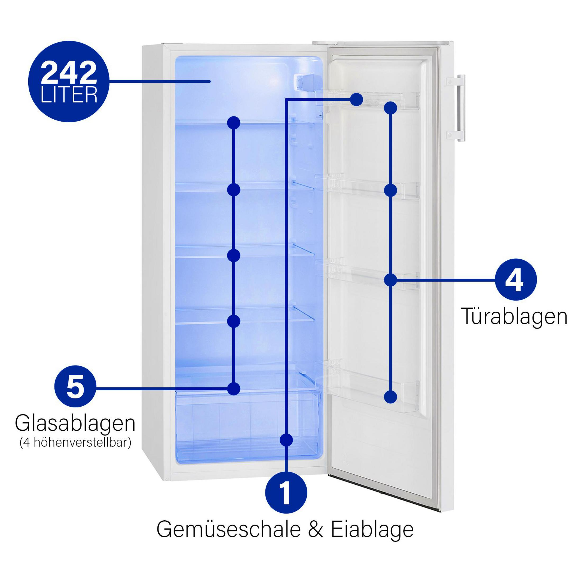 Ein weißer Kühlschrank mit geöffneter Tür, der Regale und Schubladen mit blauer Beleuchtung zeigt.
