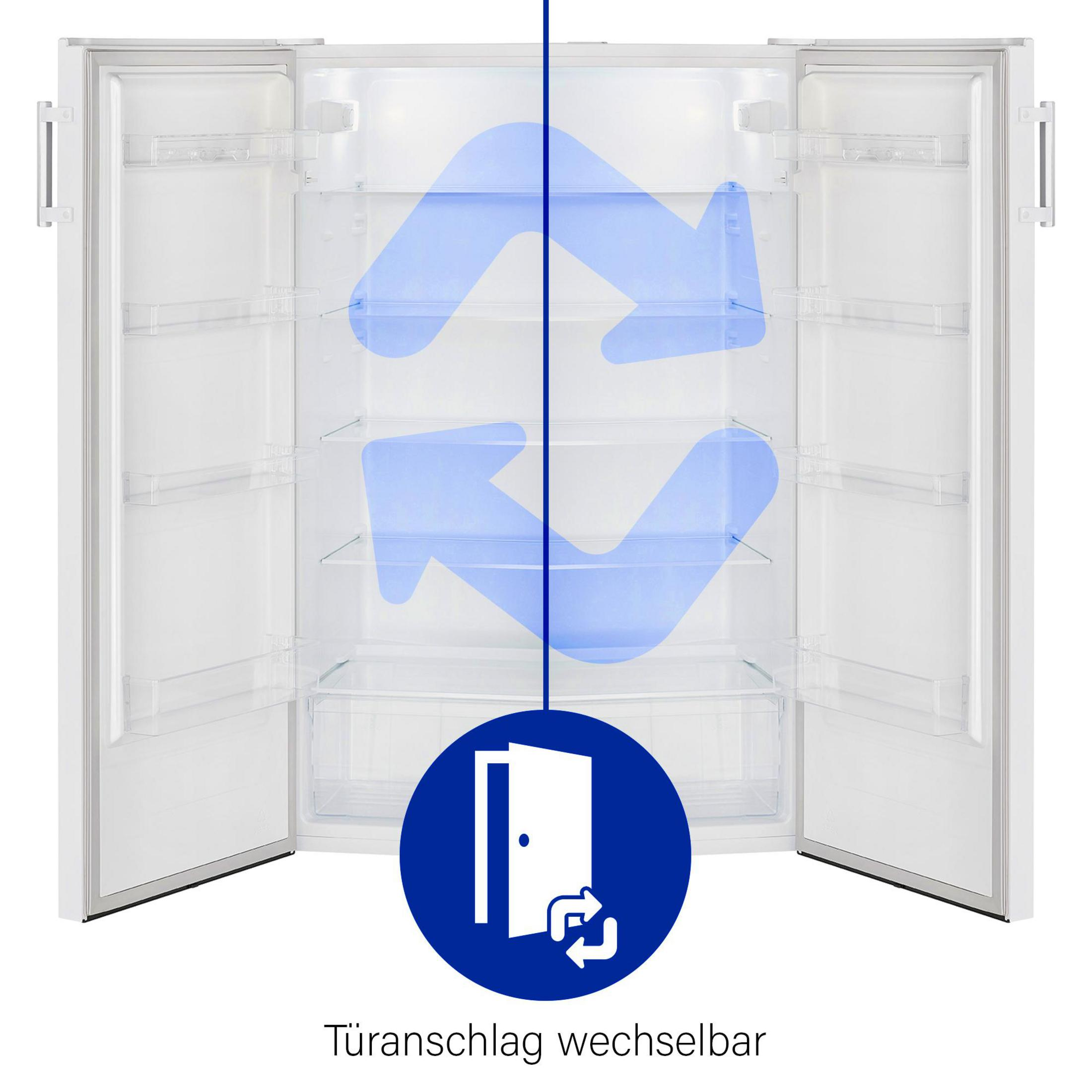 Ein weißer Kühlschrank mit geöffneten Türen. Blaue Pfeile zeigen die Luftzirkulation. Unten ist ein Türsymbol.