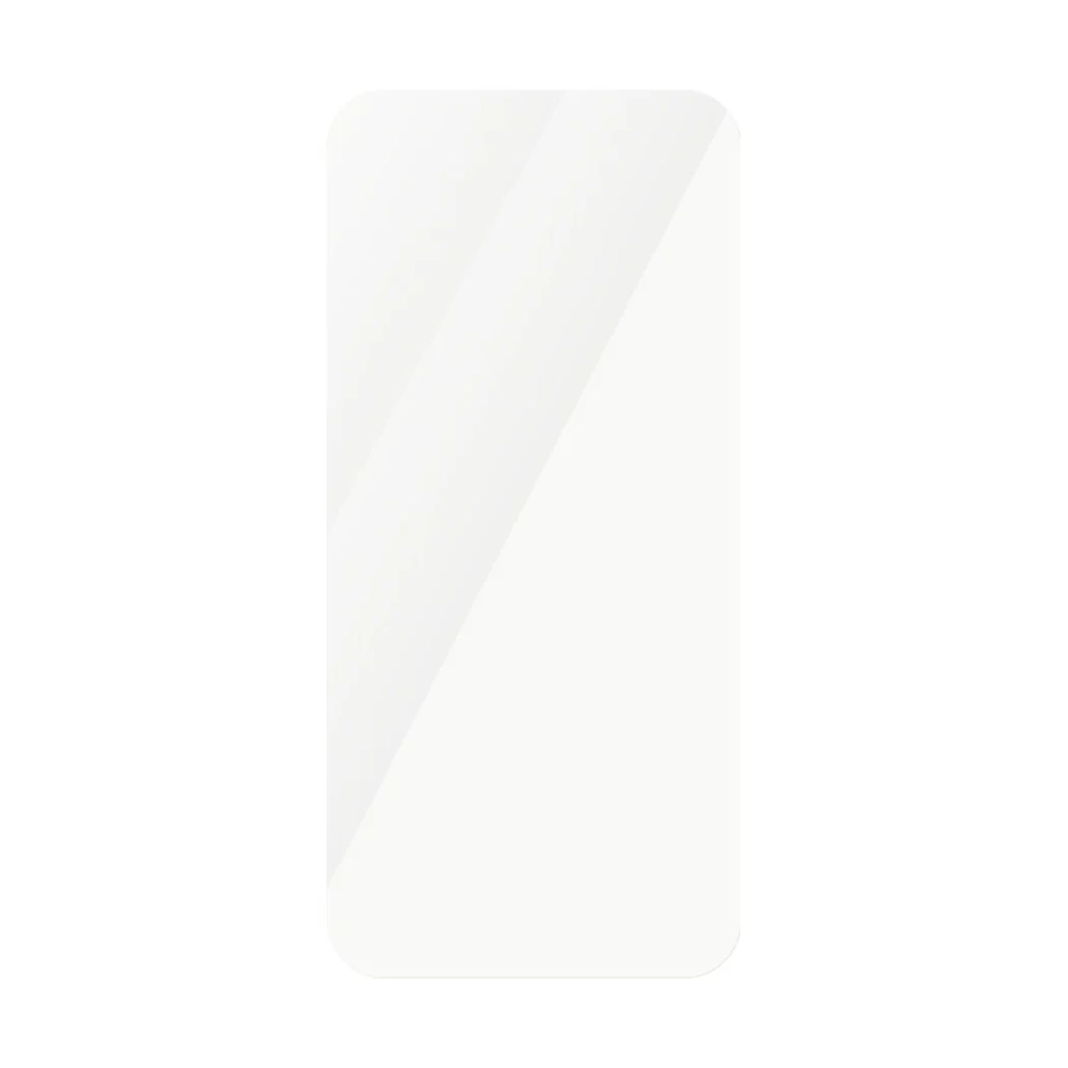 Protecteur d'écran rectangulaire transparent sur fond blanc, surface brillante et coins arrondis.