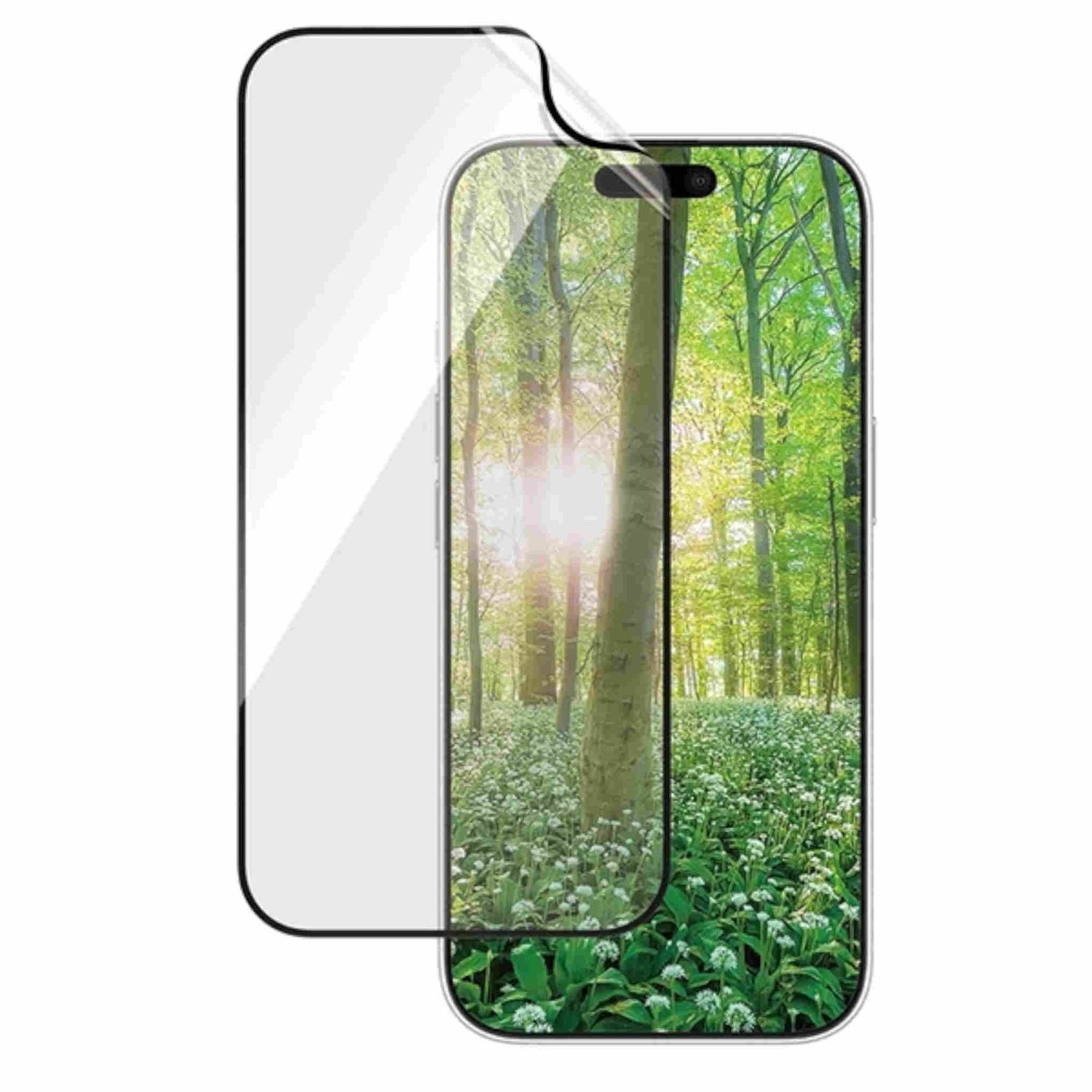 Un proteggi schermo accanto a un telefono. Il telefono mostra una scena di foresta.