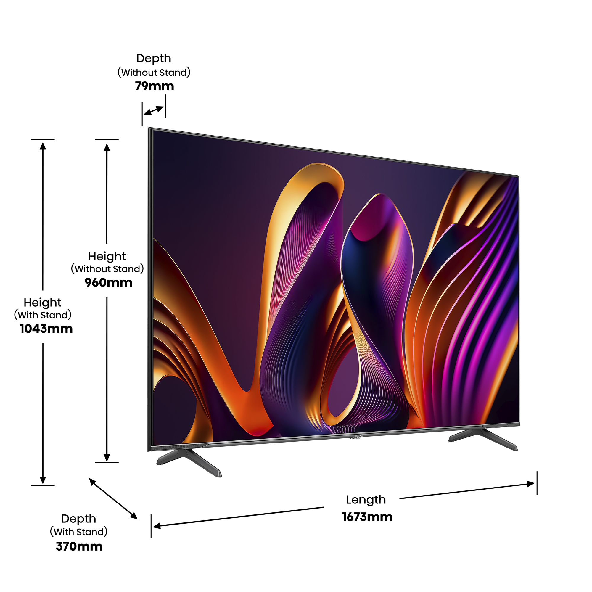 Ein großer Fernsehbildschirm mit angegebenen Abmessungen. Der Bildschirm zeigt ein abstraktes, farbenfrohes Design.
