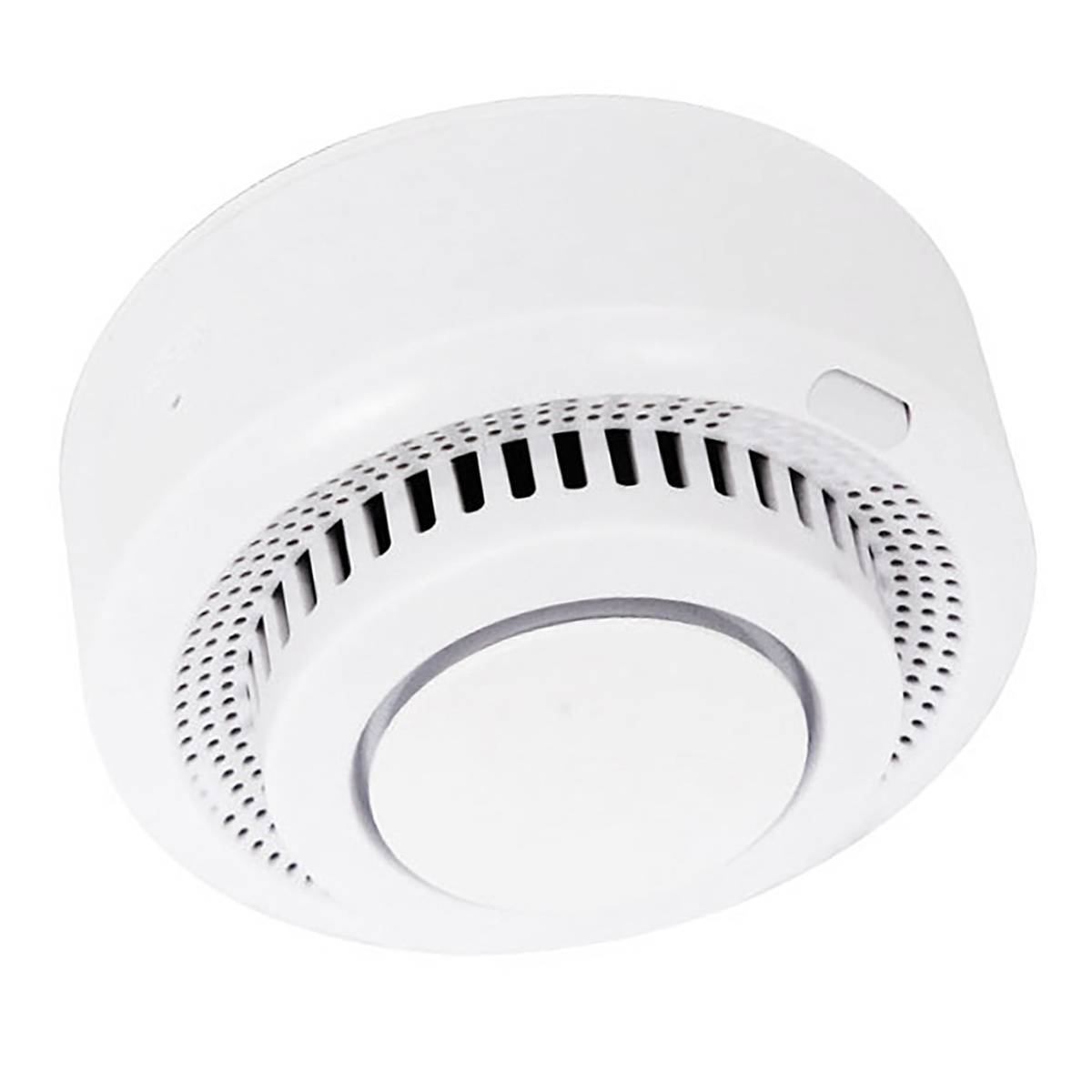 Weißer Rauchmelder, Draufsicht, mit Lüftungslöchern und zentralem Sensor.