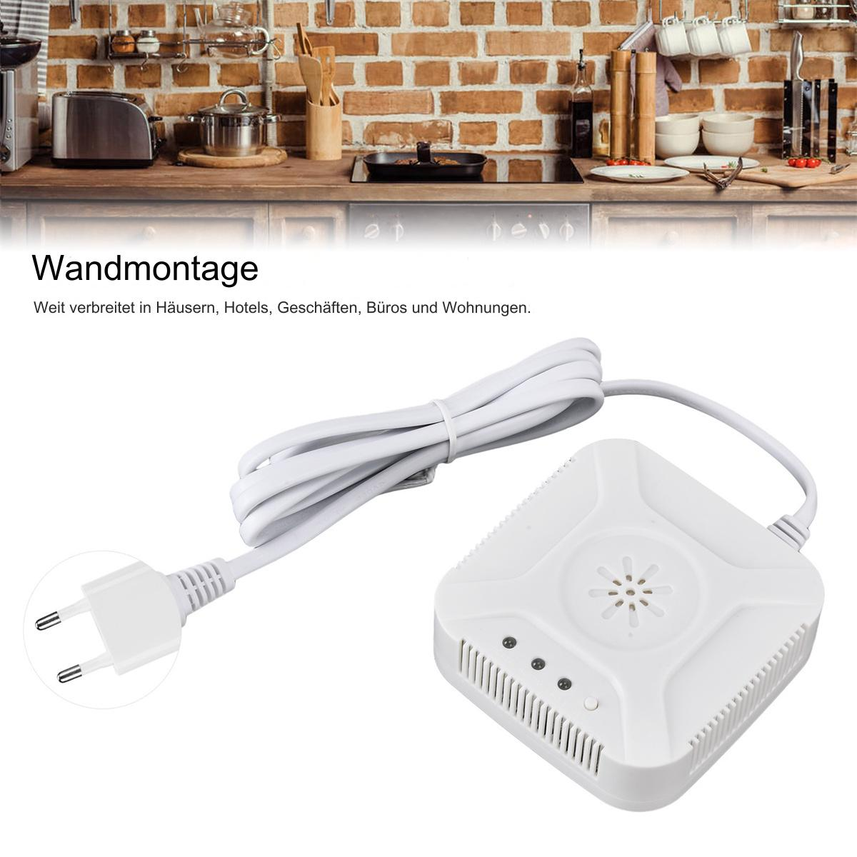 Weißer Gasdetektor mit Stecker. Hintergrund: Küche, Text: Wandmontage.